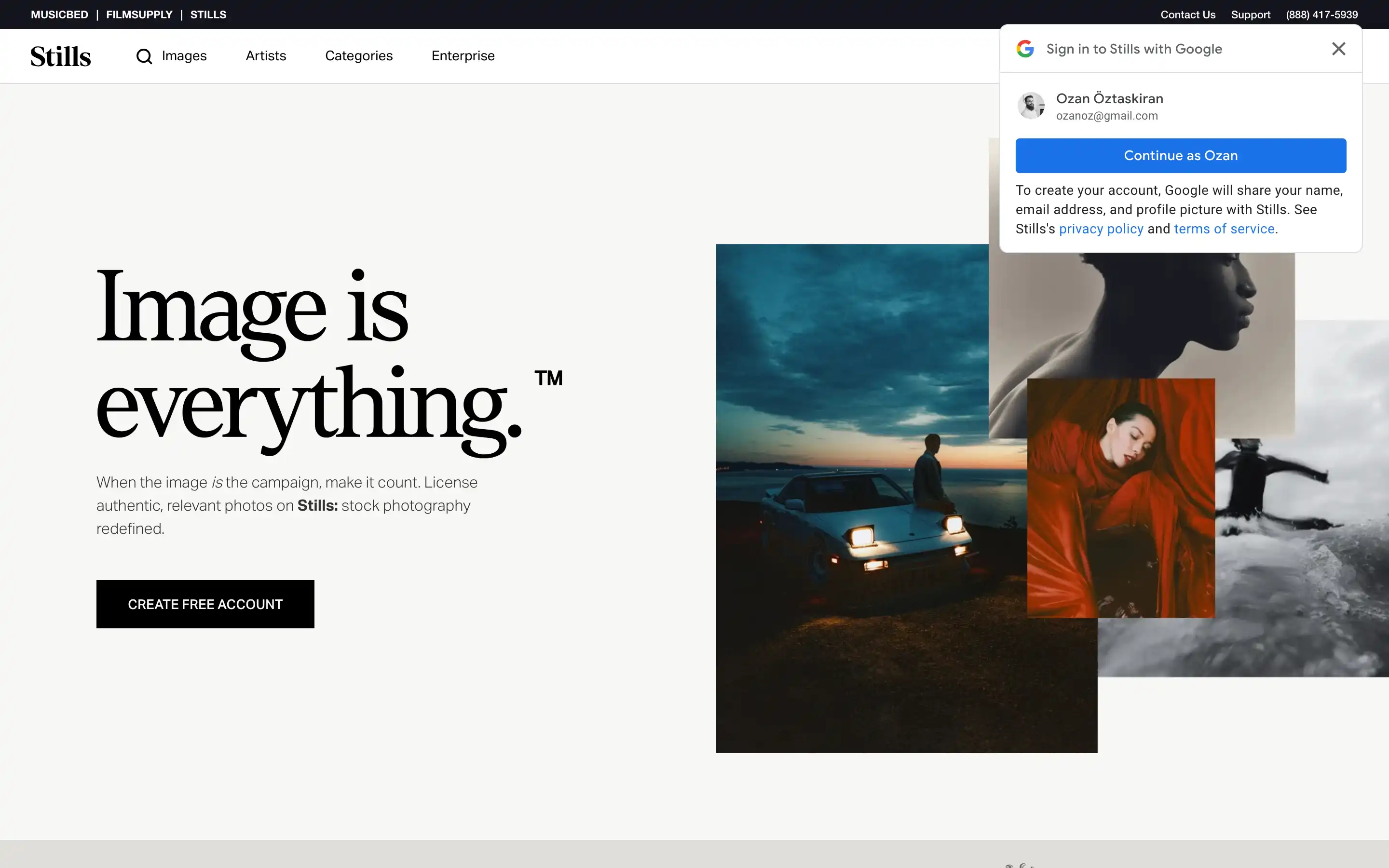 Stills homepage showcasing photography and account signup
