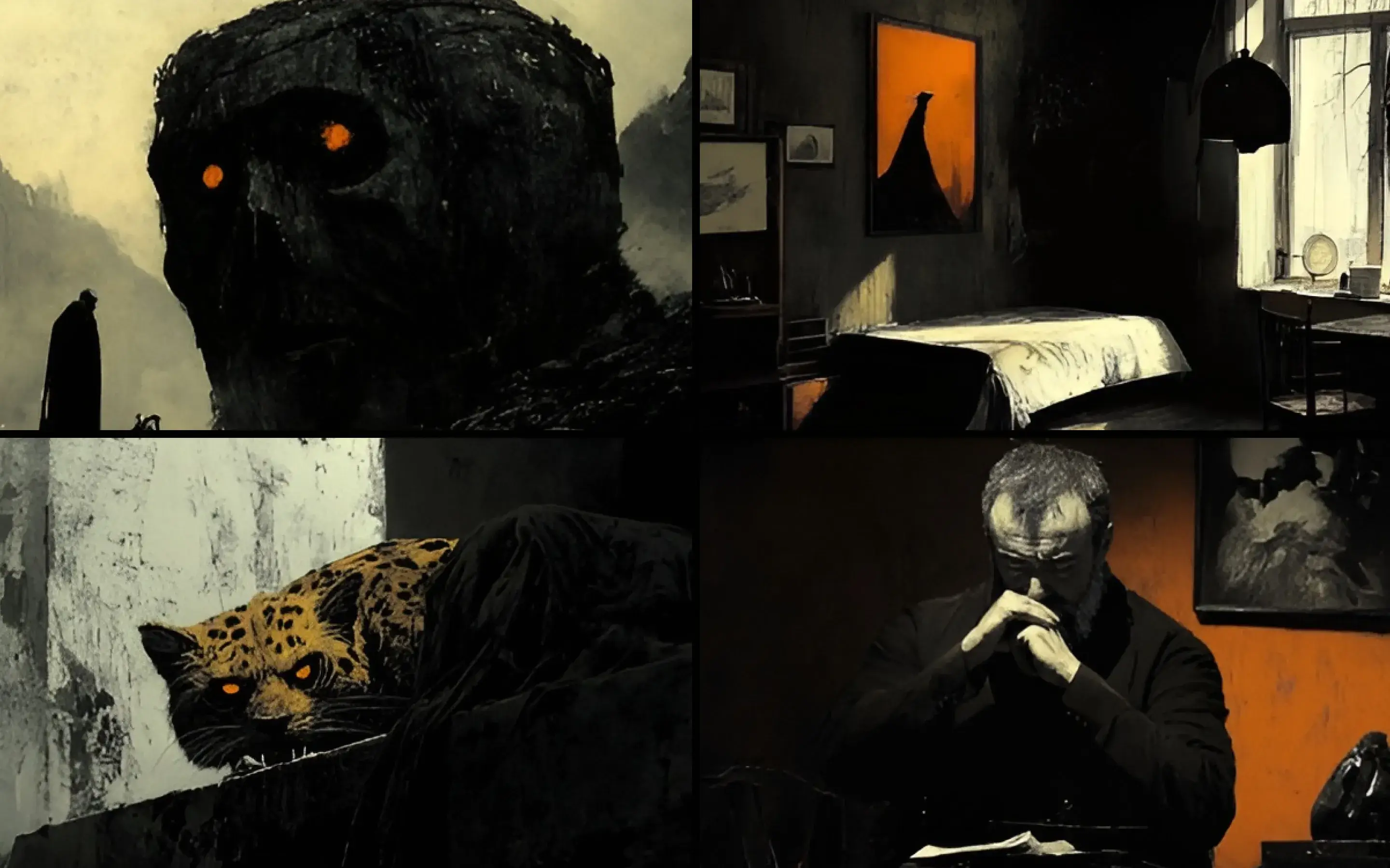Collage of surreal and eerie dark art scenes.