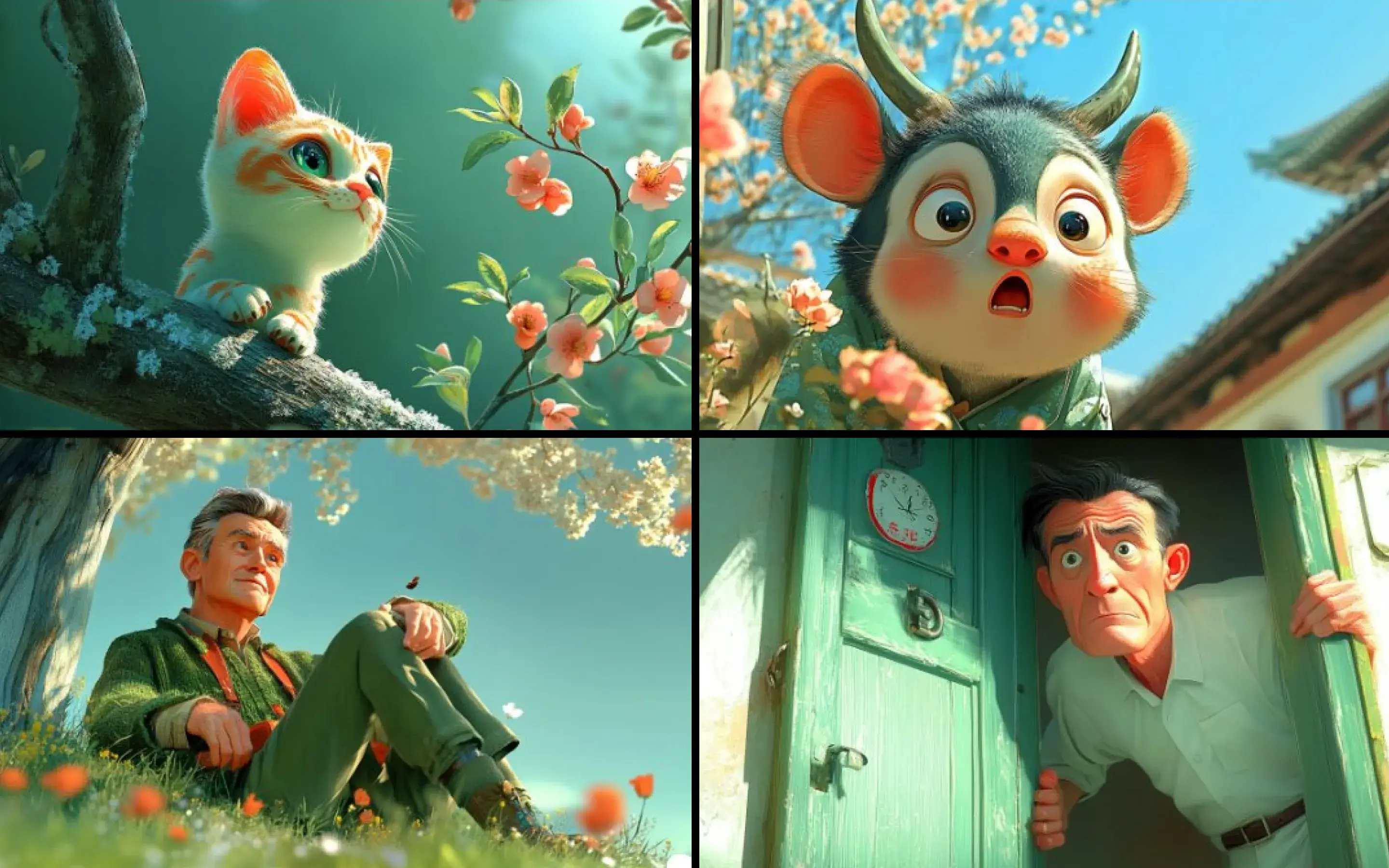 Animated scenes: cat, creature, man, clock.