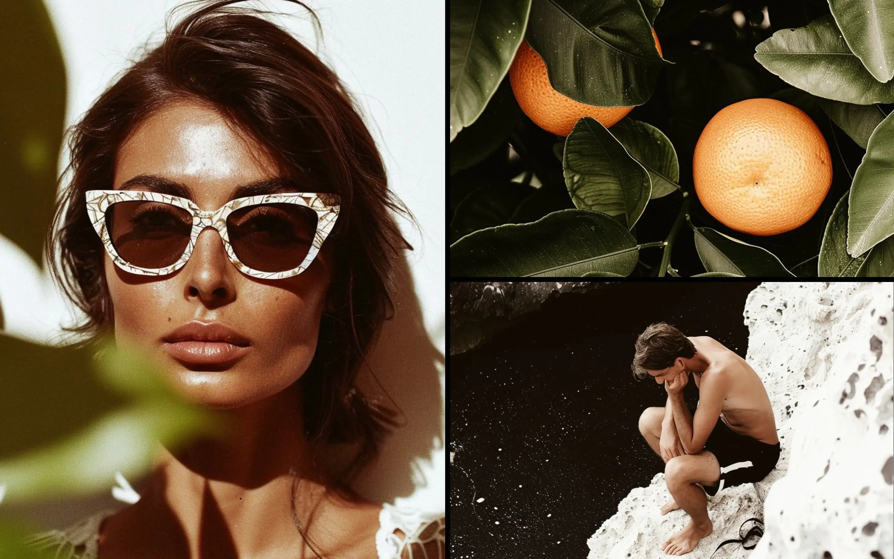 Collage: woman with sunglasses, oranges, pensive man