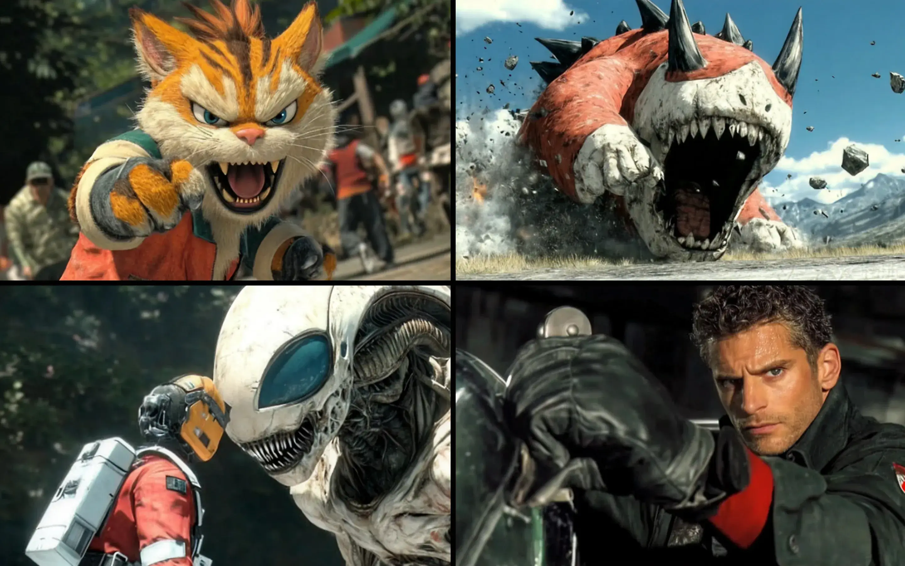 Anthropomorphic characters and action-packed scenes montage.