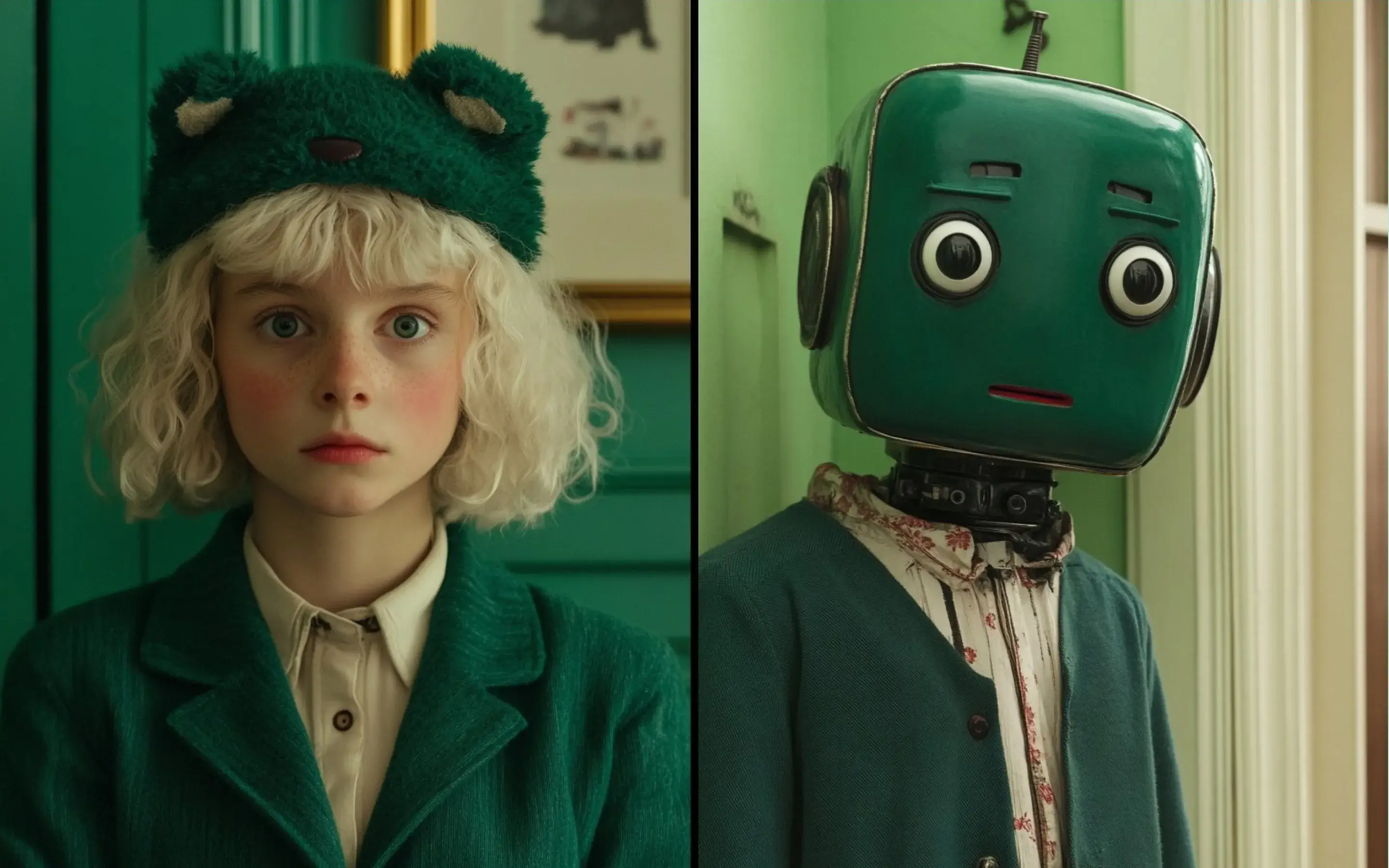 Child in bear hat, robot in green room.