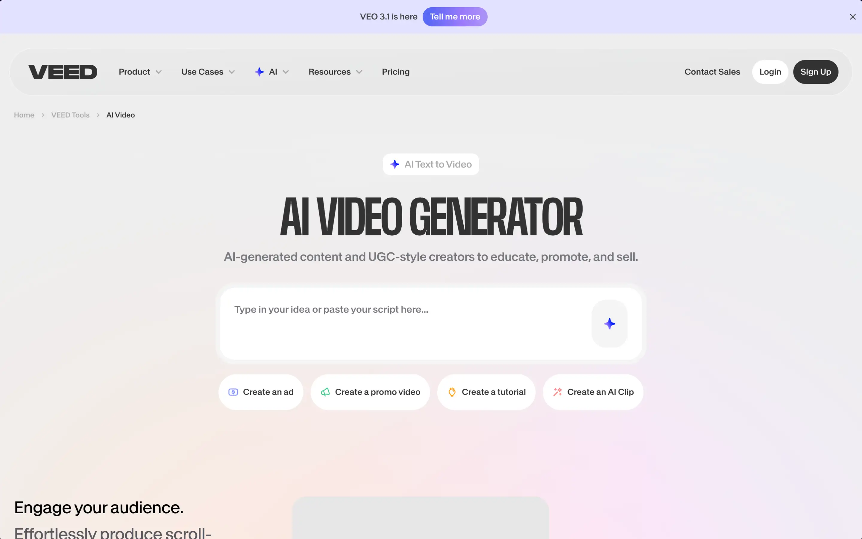 AI video generator platform interface screenshot