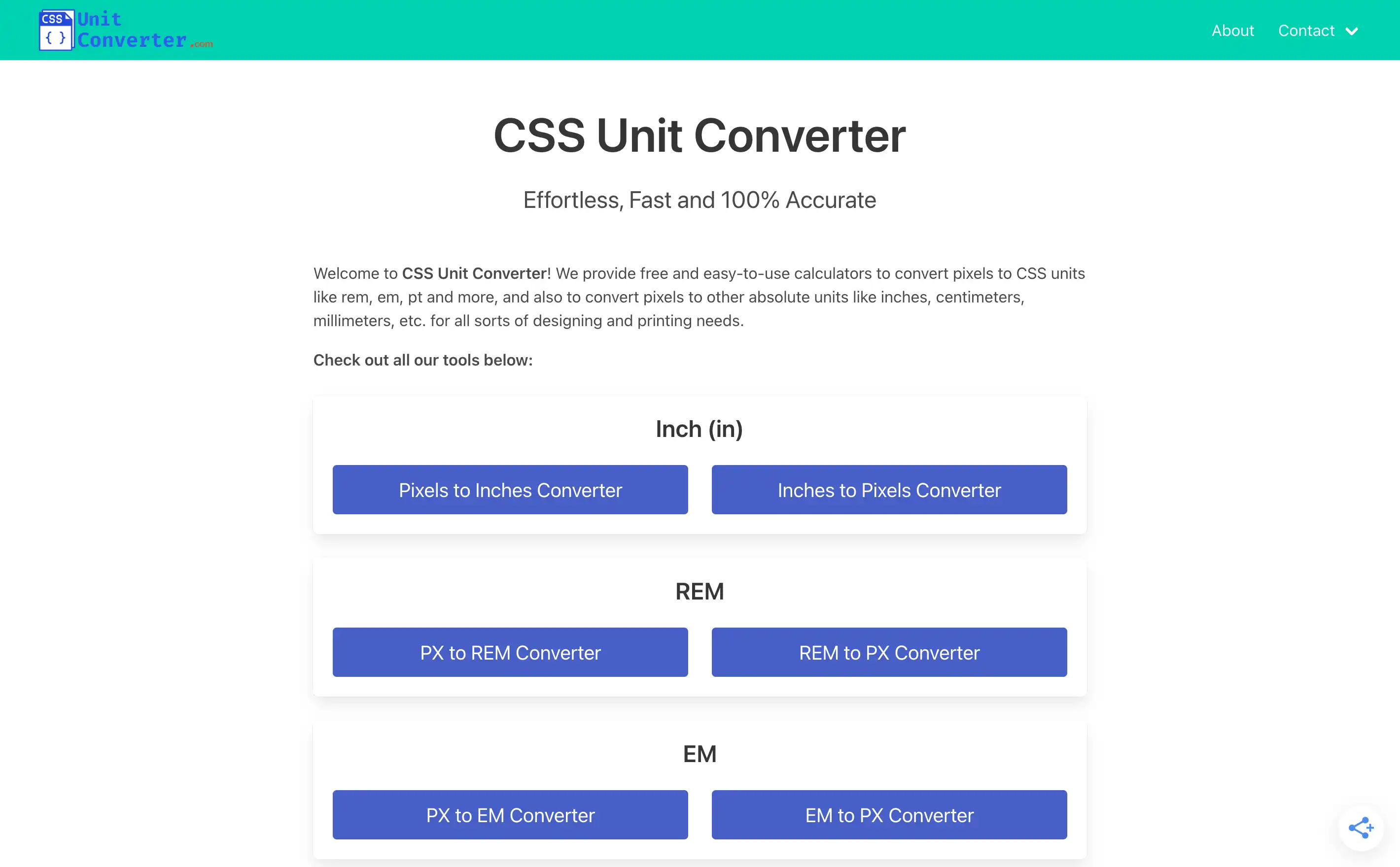 CSS Unit Converter tool options and descriptions.