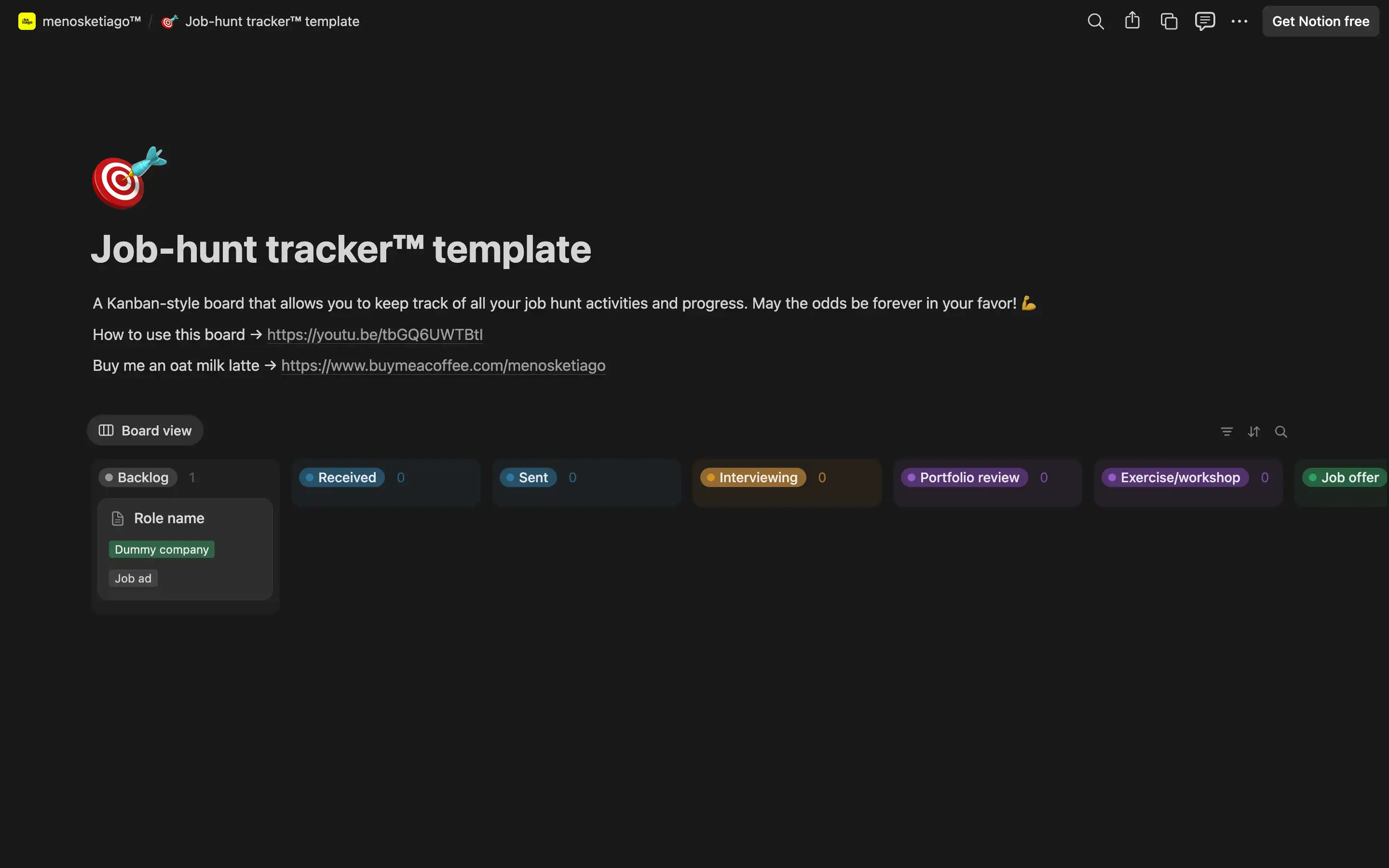 Job-hunt tracker template with Kanban board view.