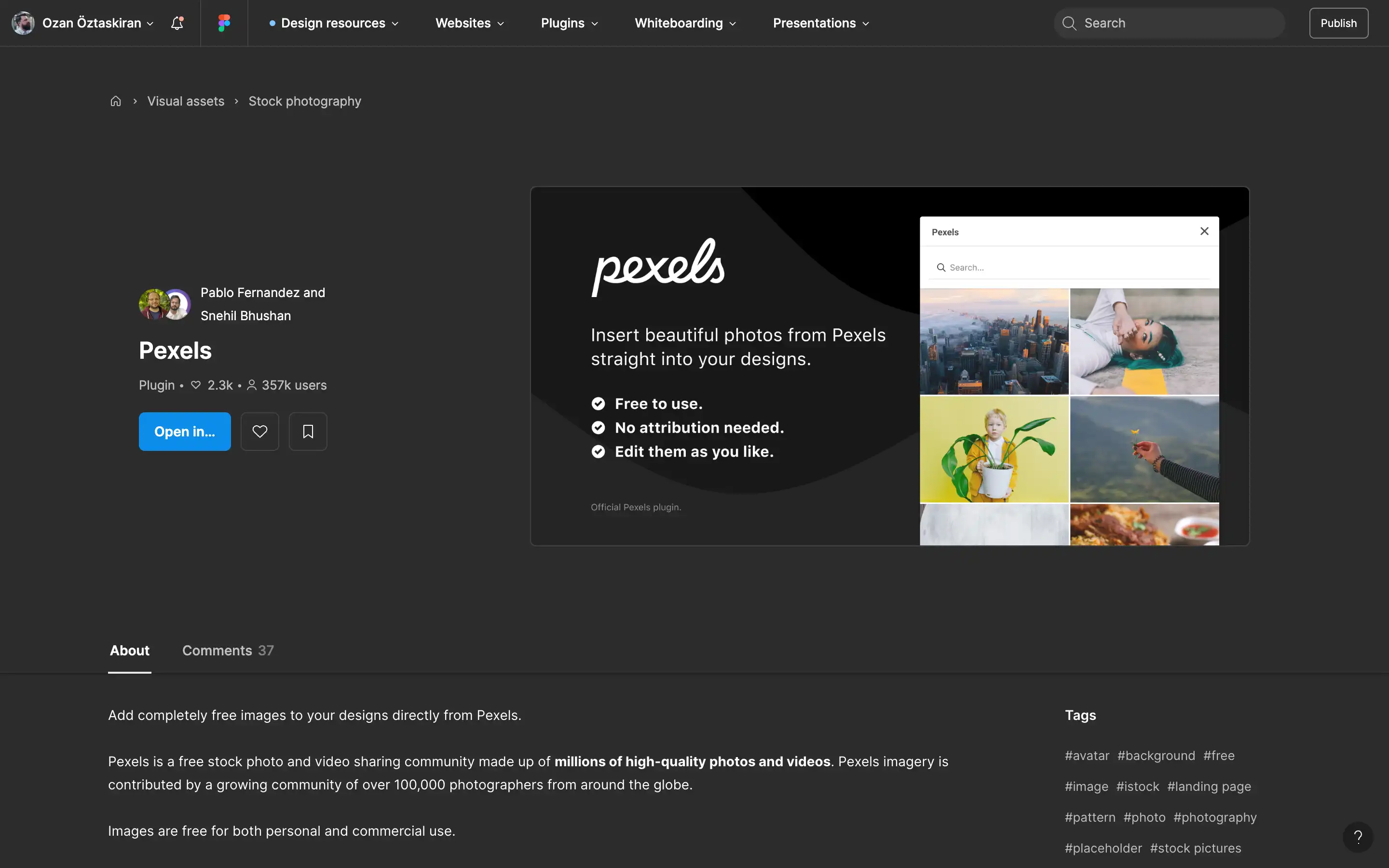 Pexels plugin offers free, editable stock photos.