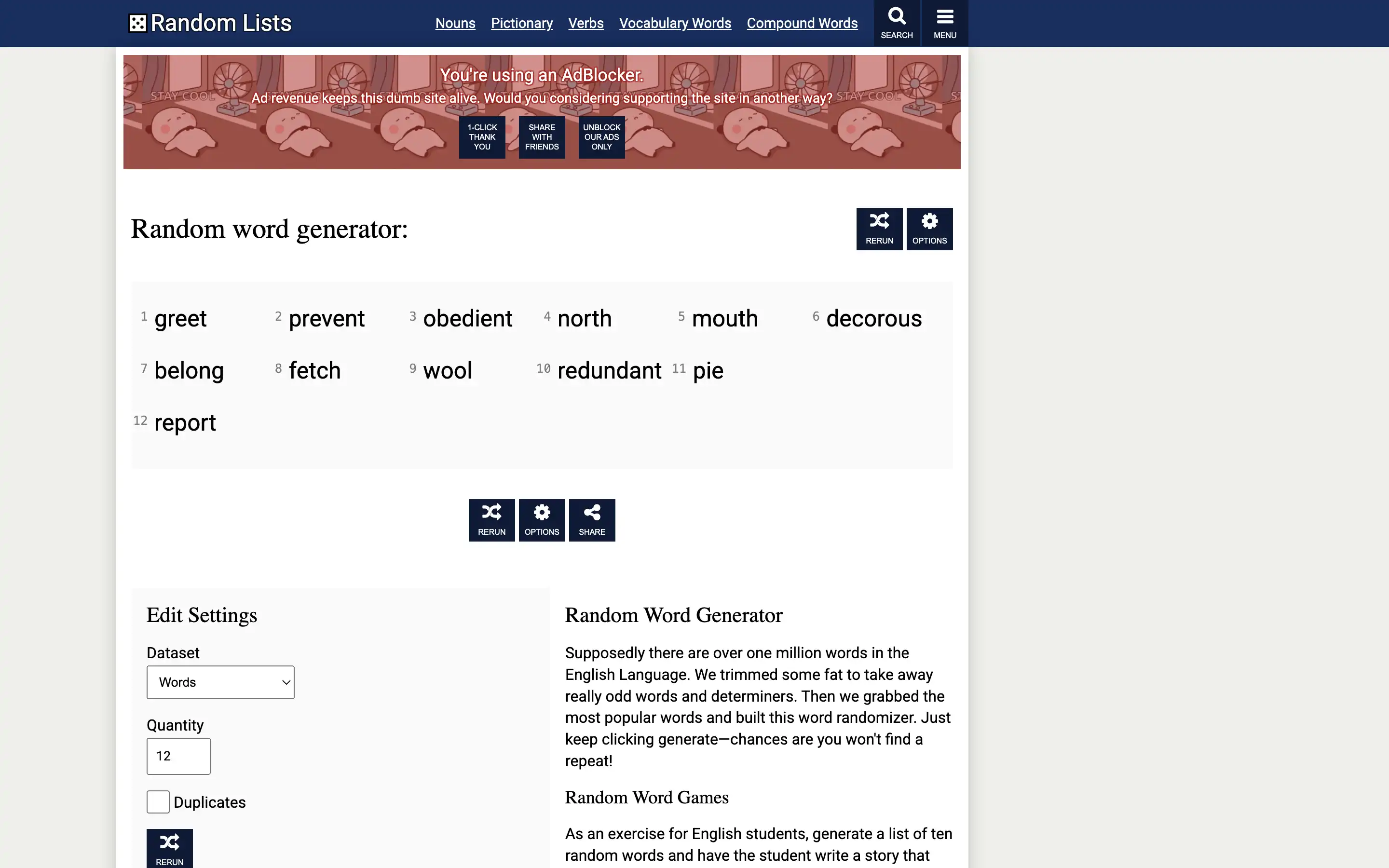 Random word generator displaying twelve words.