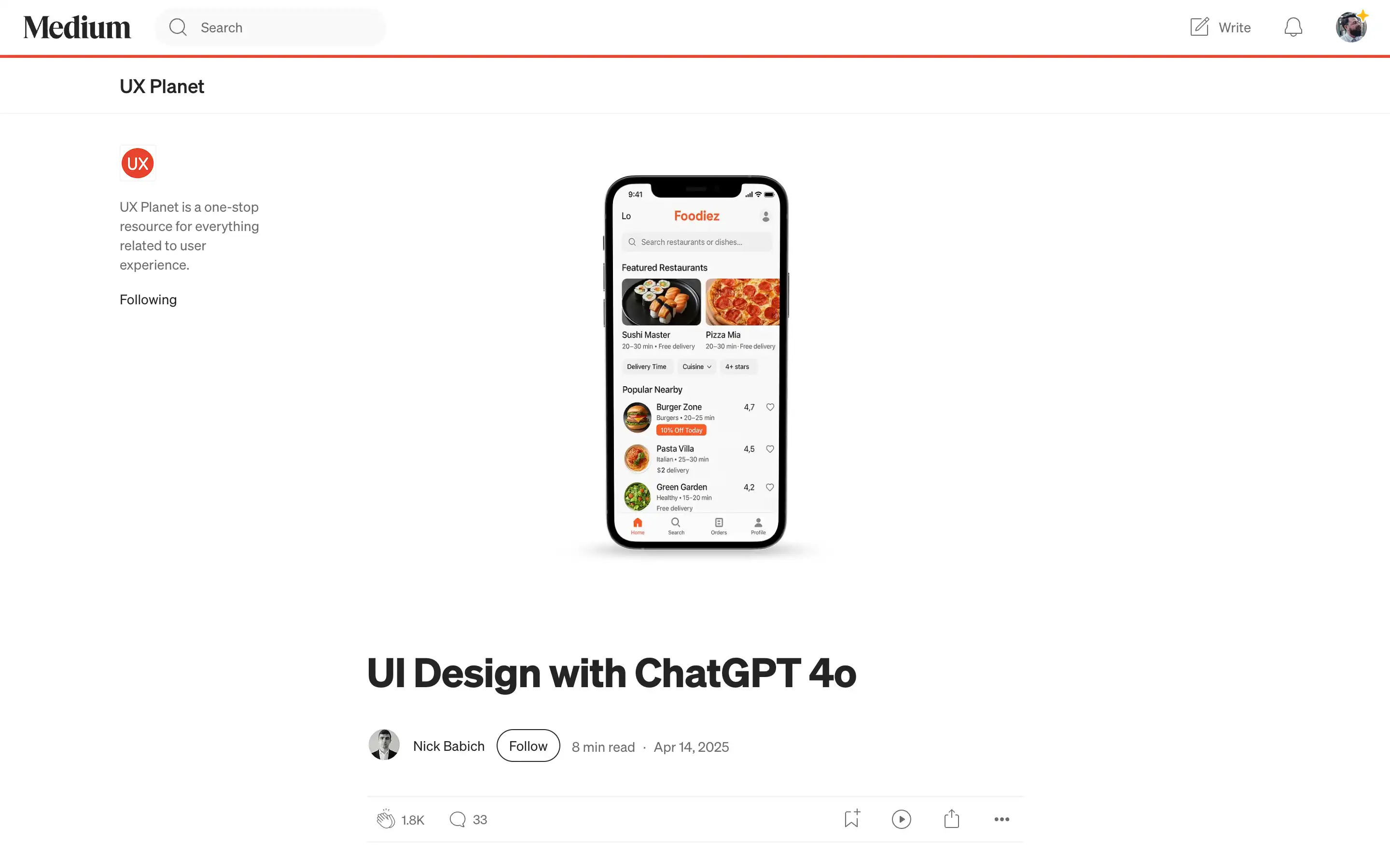 Medium article on UI design and AI tools.