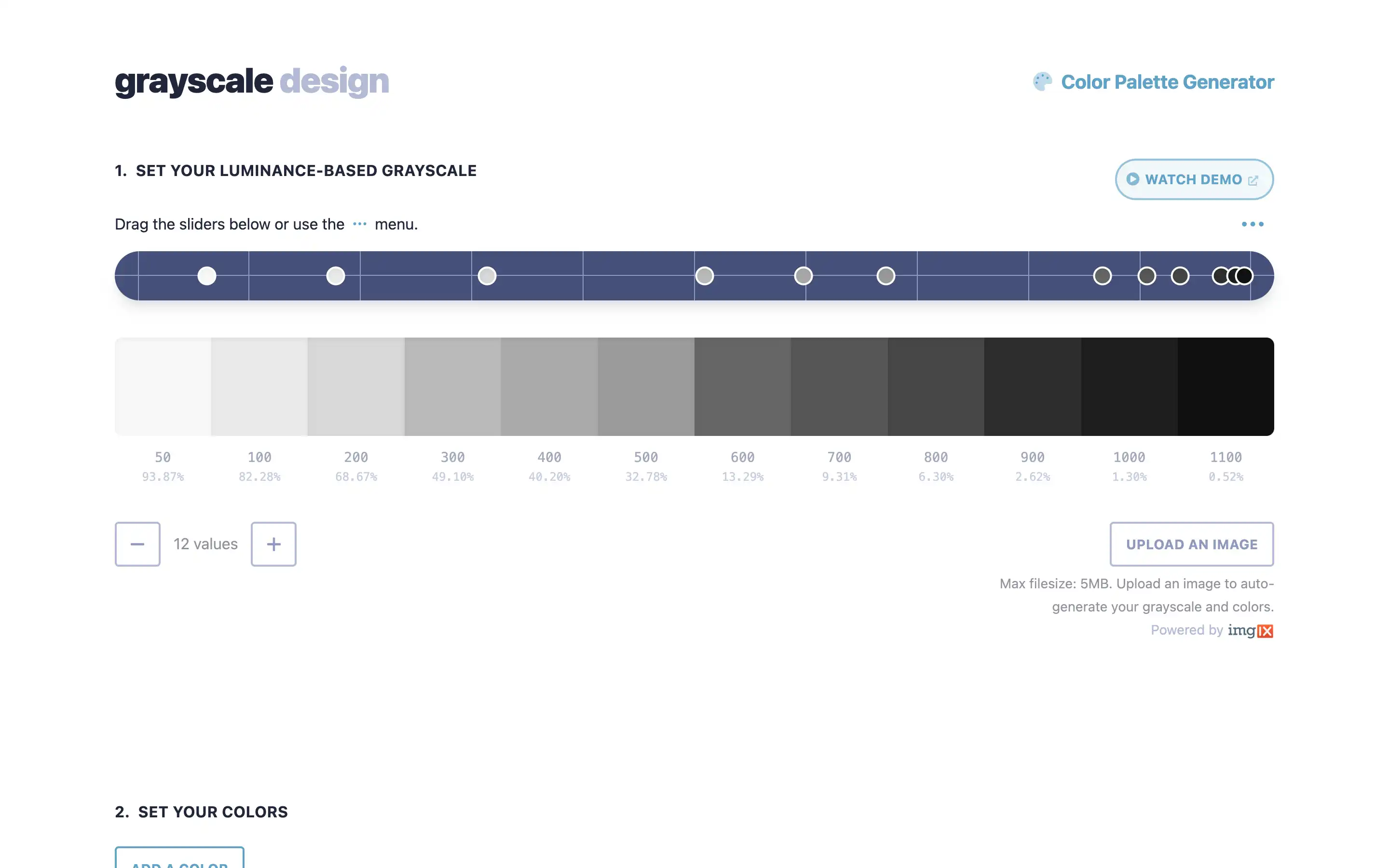 Grayscale design color palette generator interface
