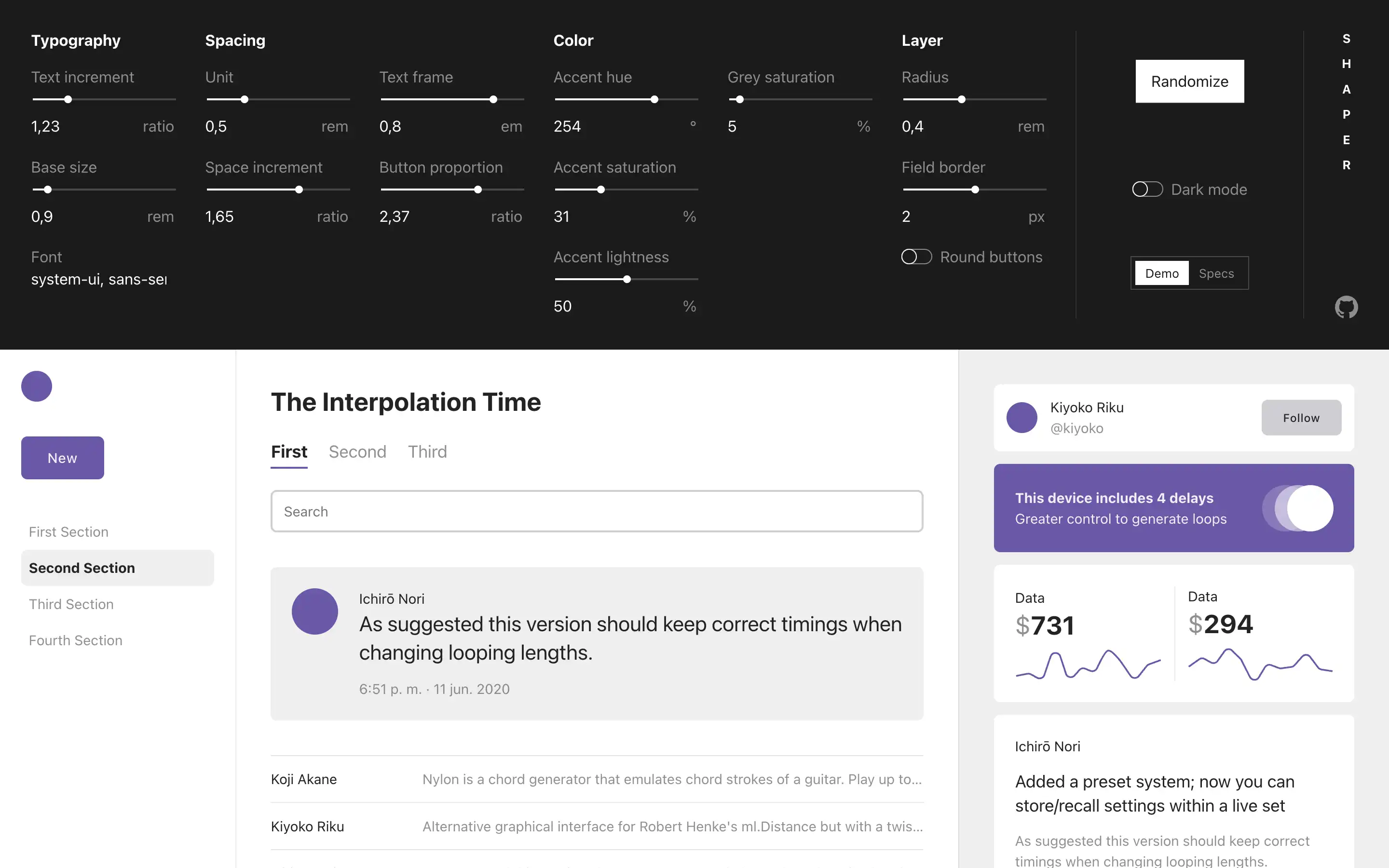 UI design interface with settings and controls.