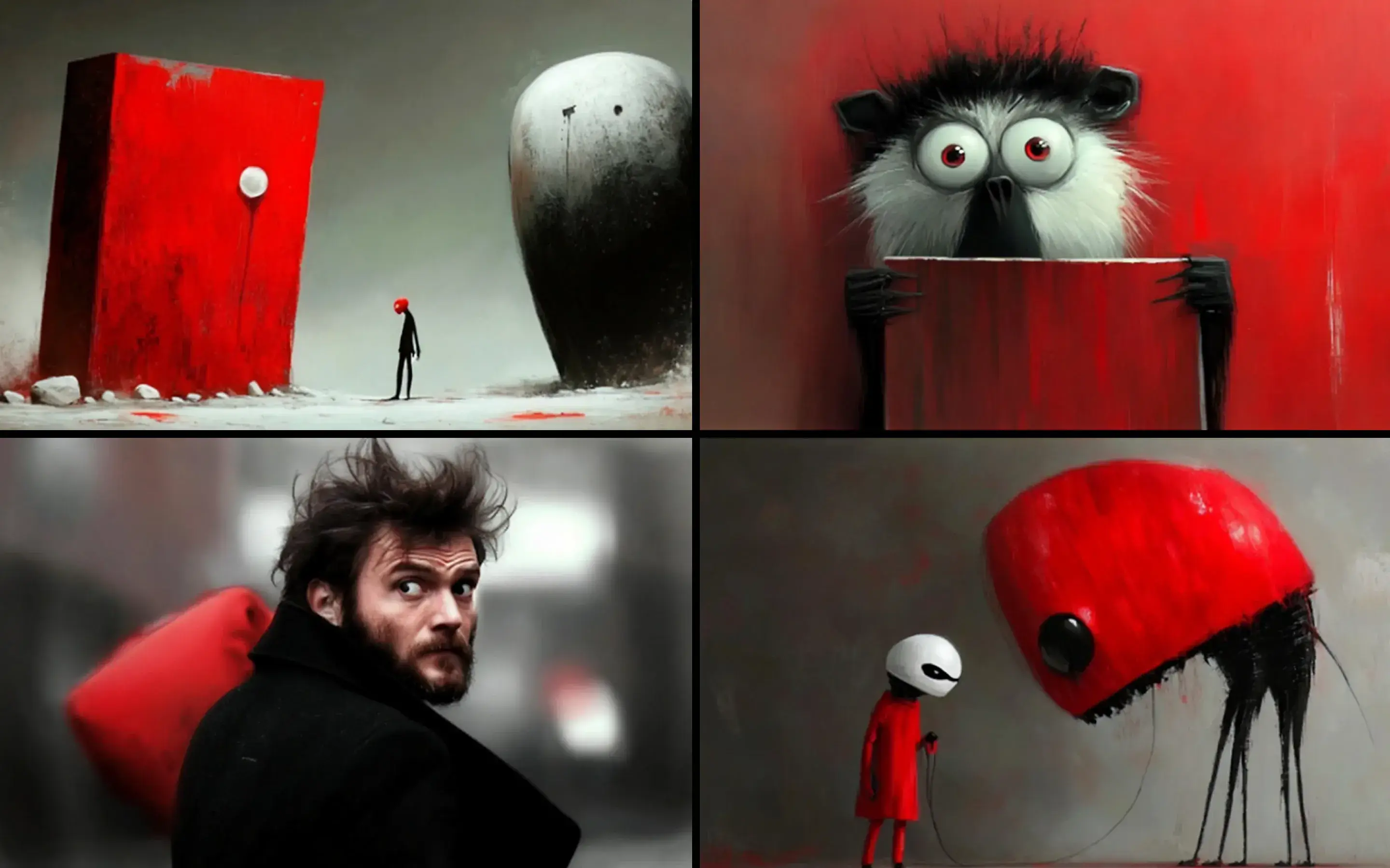 Surreal red-themed artwork with figures and creatures.