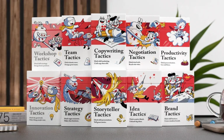 Colorful business tactics card packs on table.