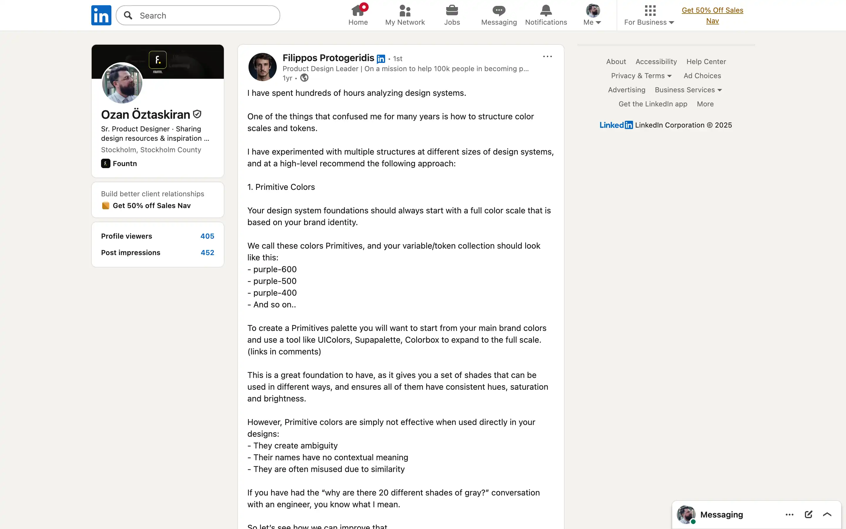 LinkedIn post about color design systems