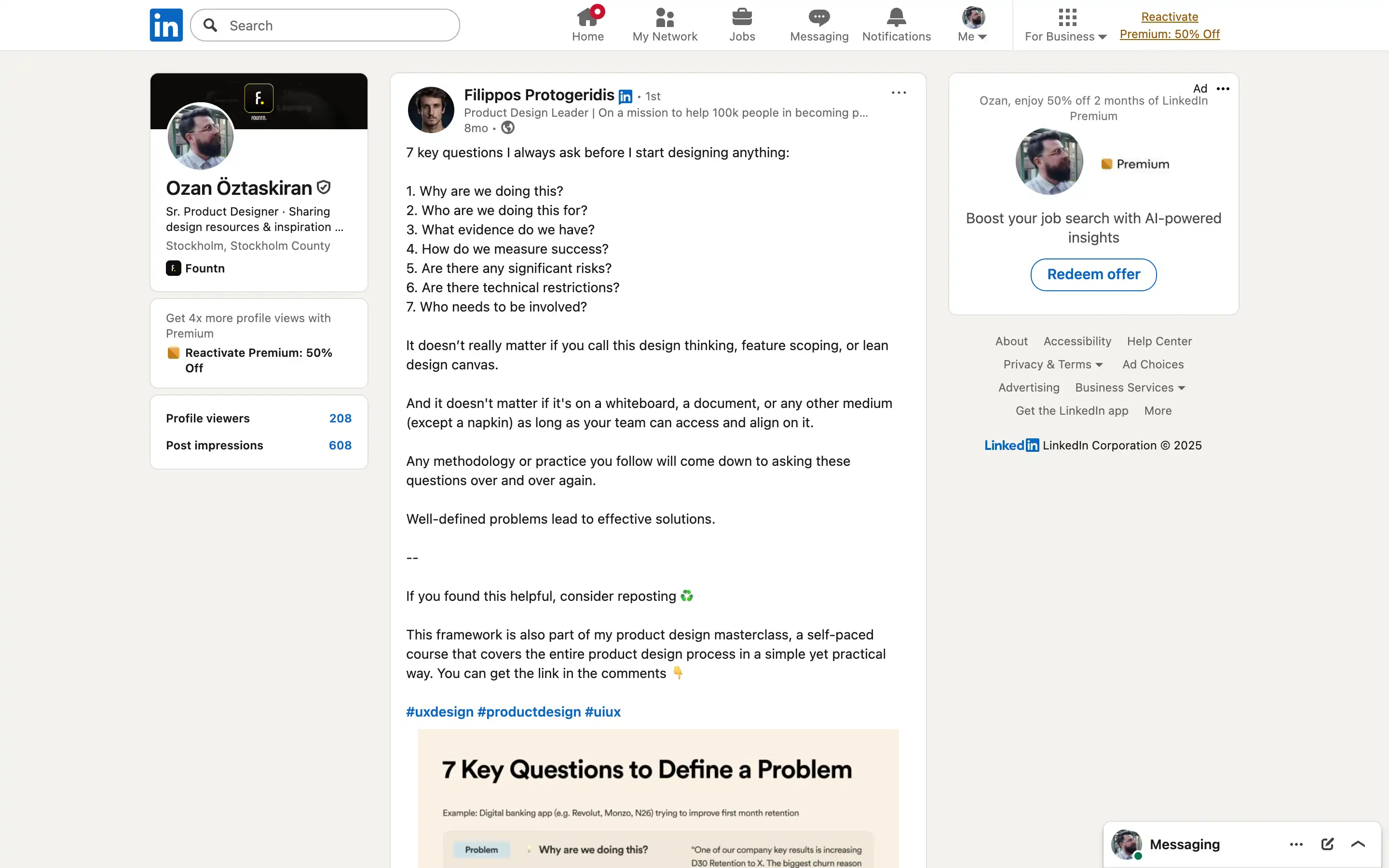 LinkedIn post with seven key design questions.