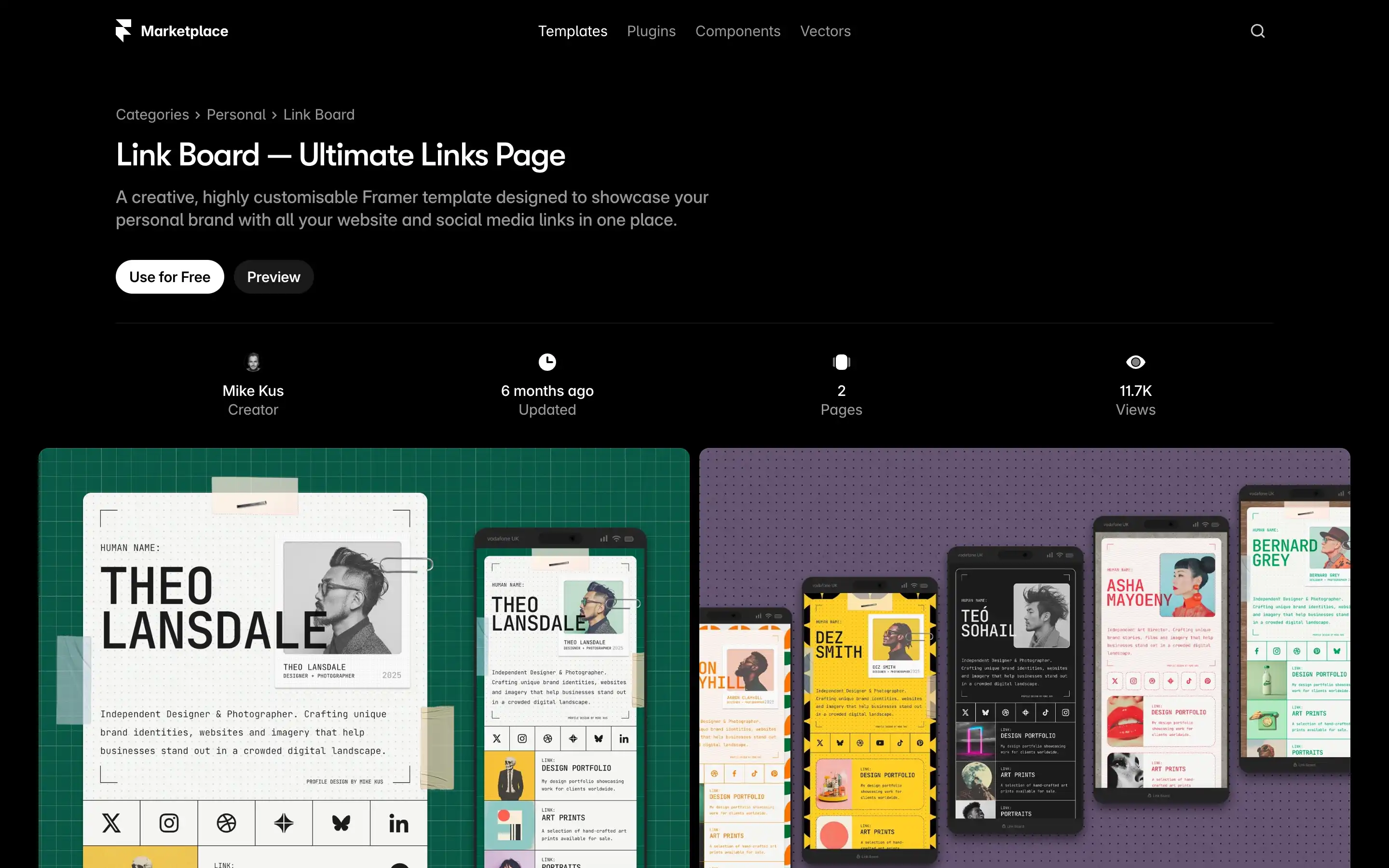 Framer template for personal link page design