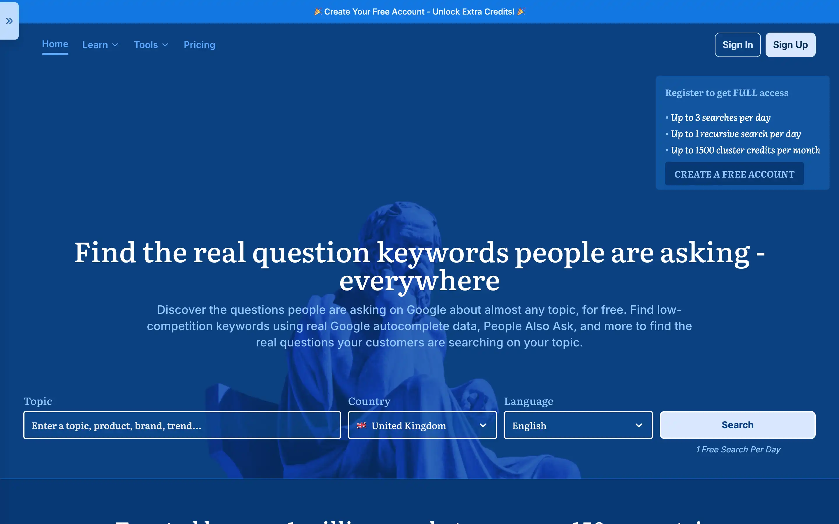 Keyword research tool homepage with search options.