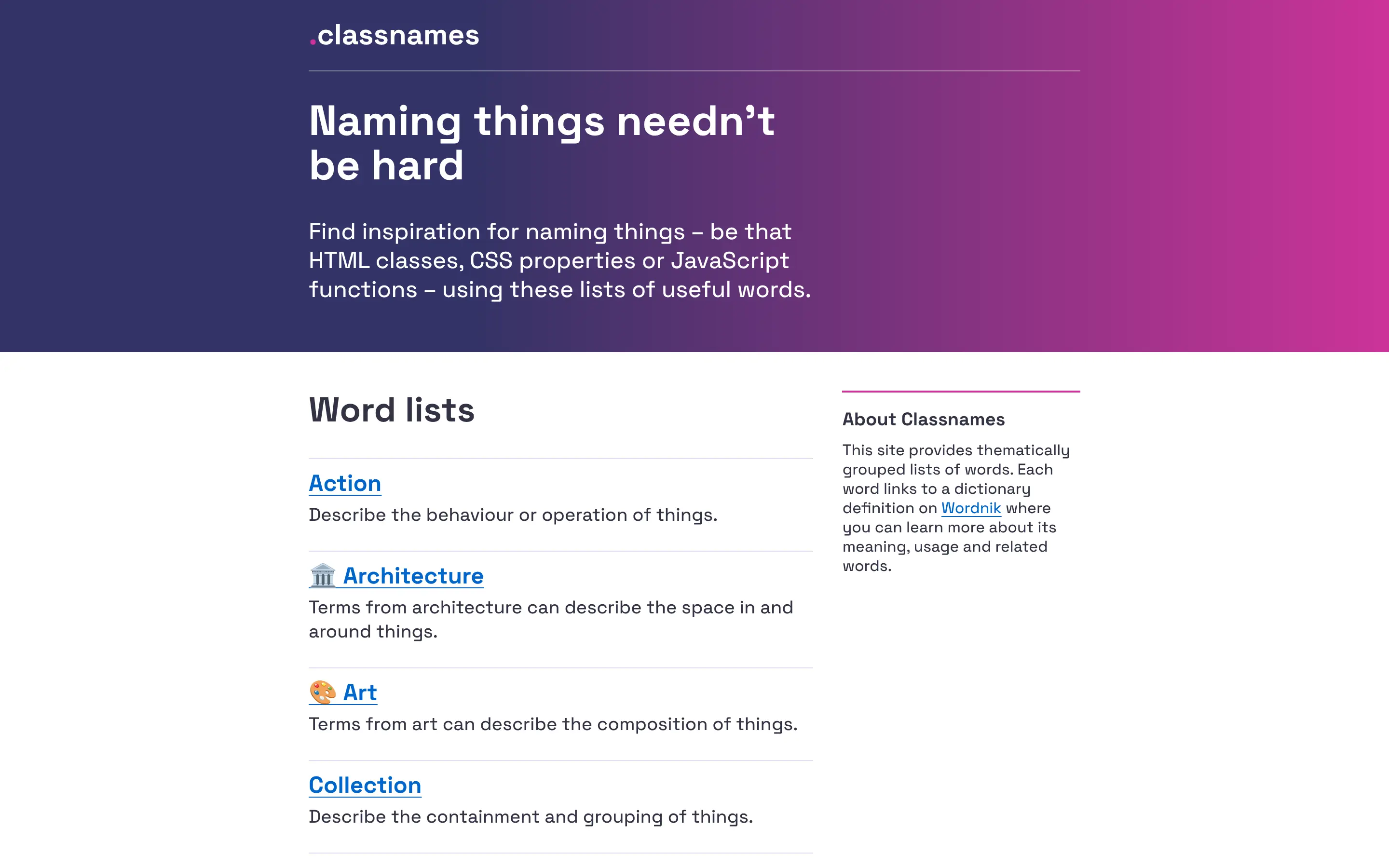 Classnames site for naming inspiration and word lists.