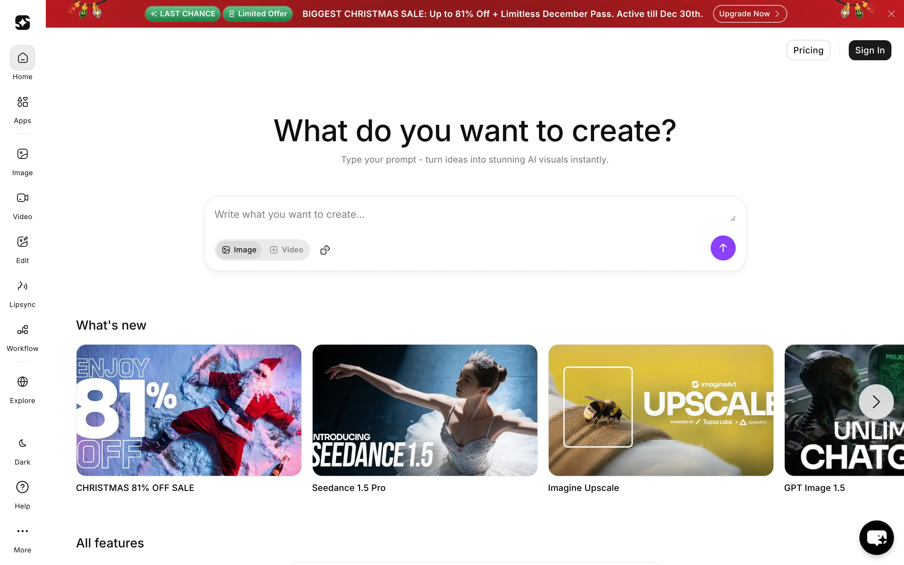 Creative AI tool with Christmas sale banner