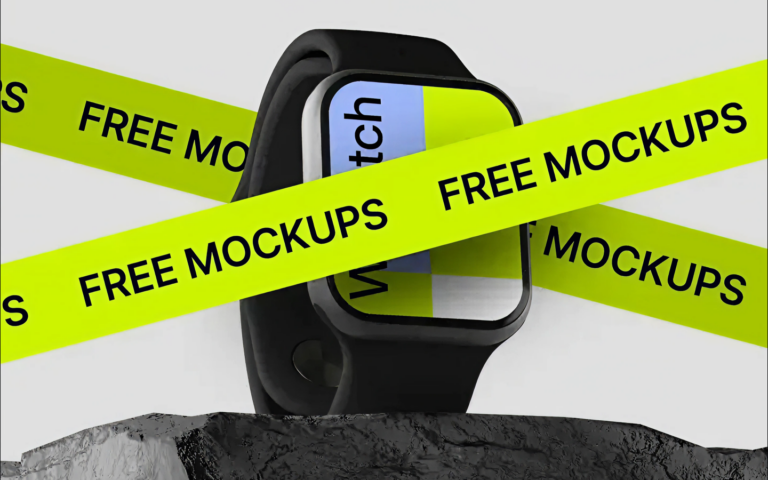 Smartwatch mockup with bright caution tape.