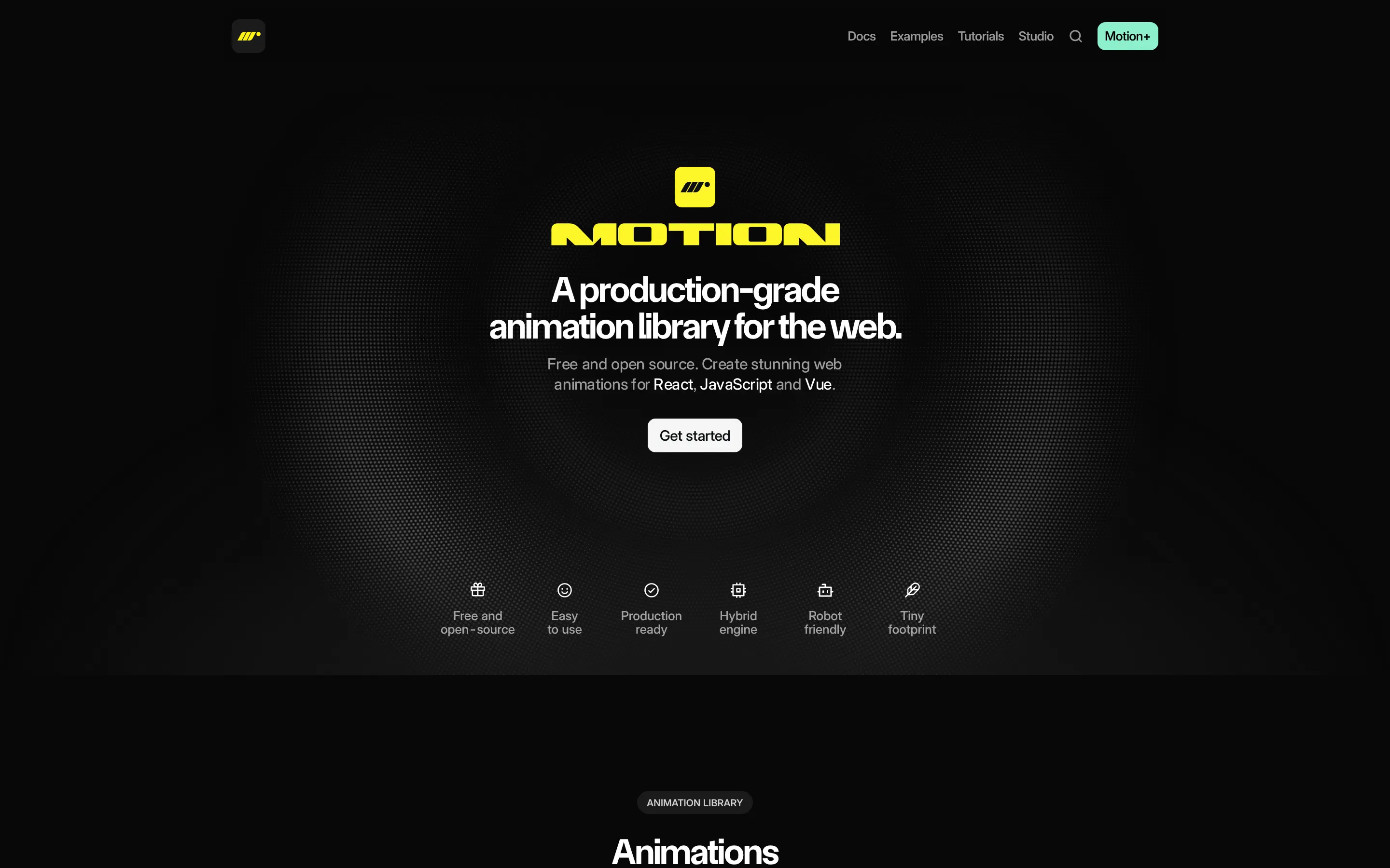 Production-grade web animation library homepage.