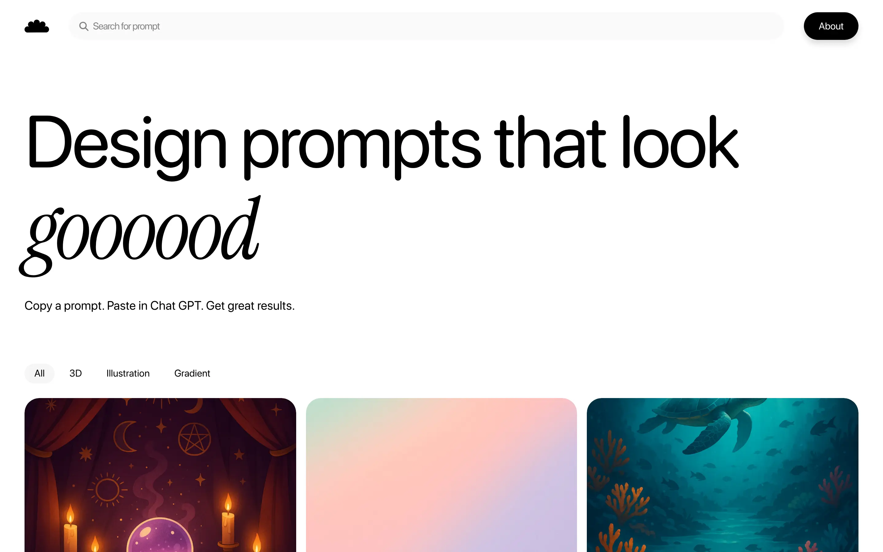 Design prompts homepage with artistic previews.