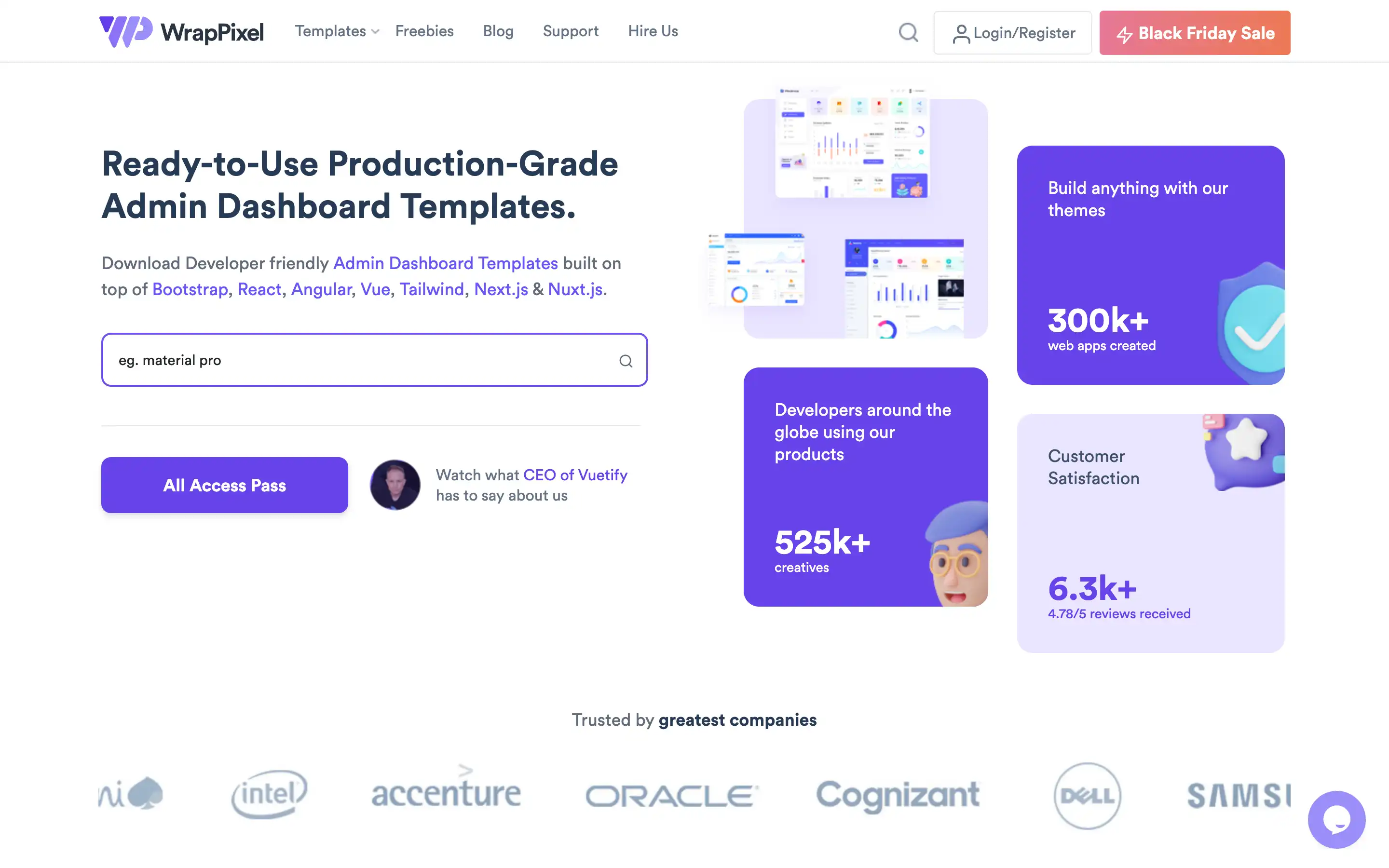 WrapPixel admin dashboard templates and features overview.