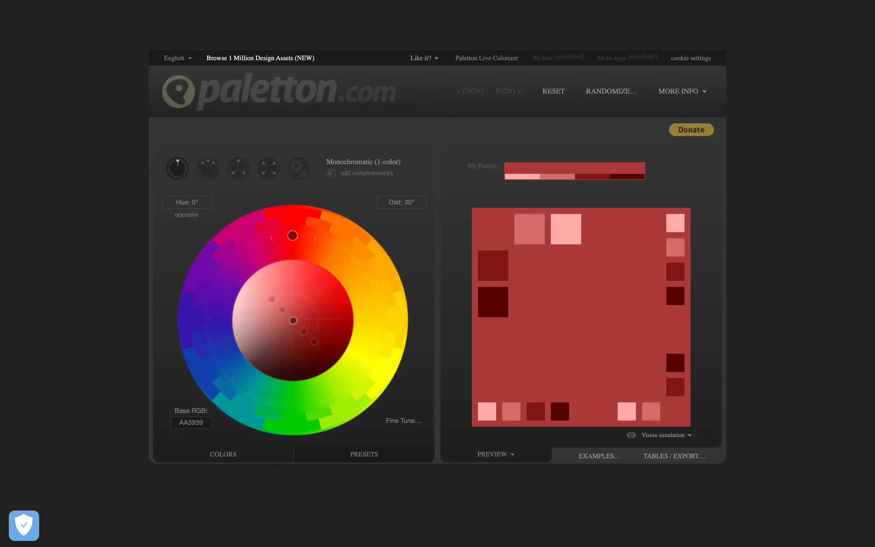 Color palette generator interface with color wheel.