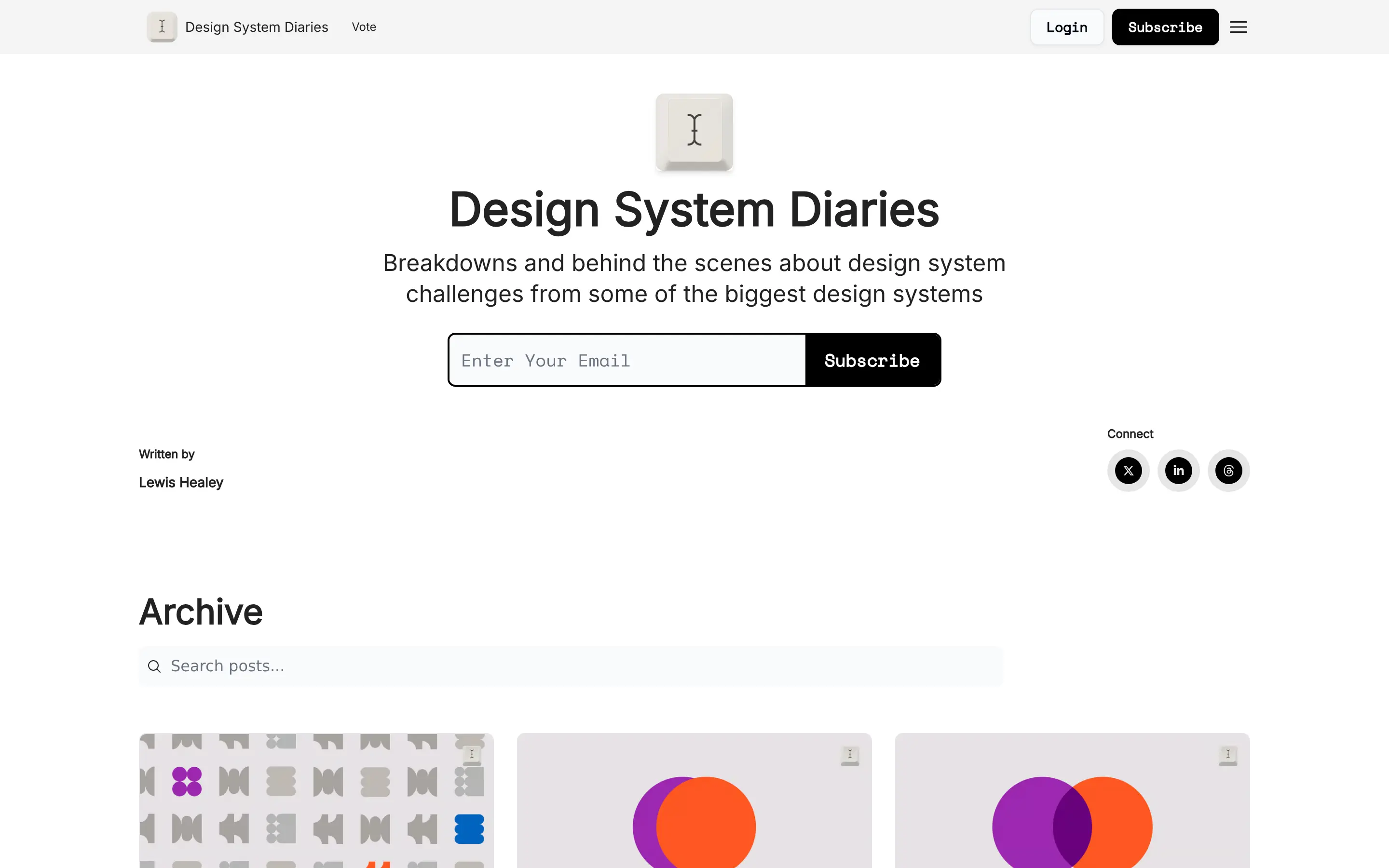 Design System Diaries homepage with email subscription form.