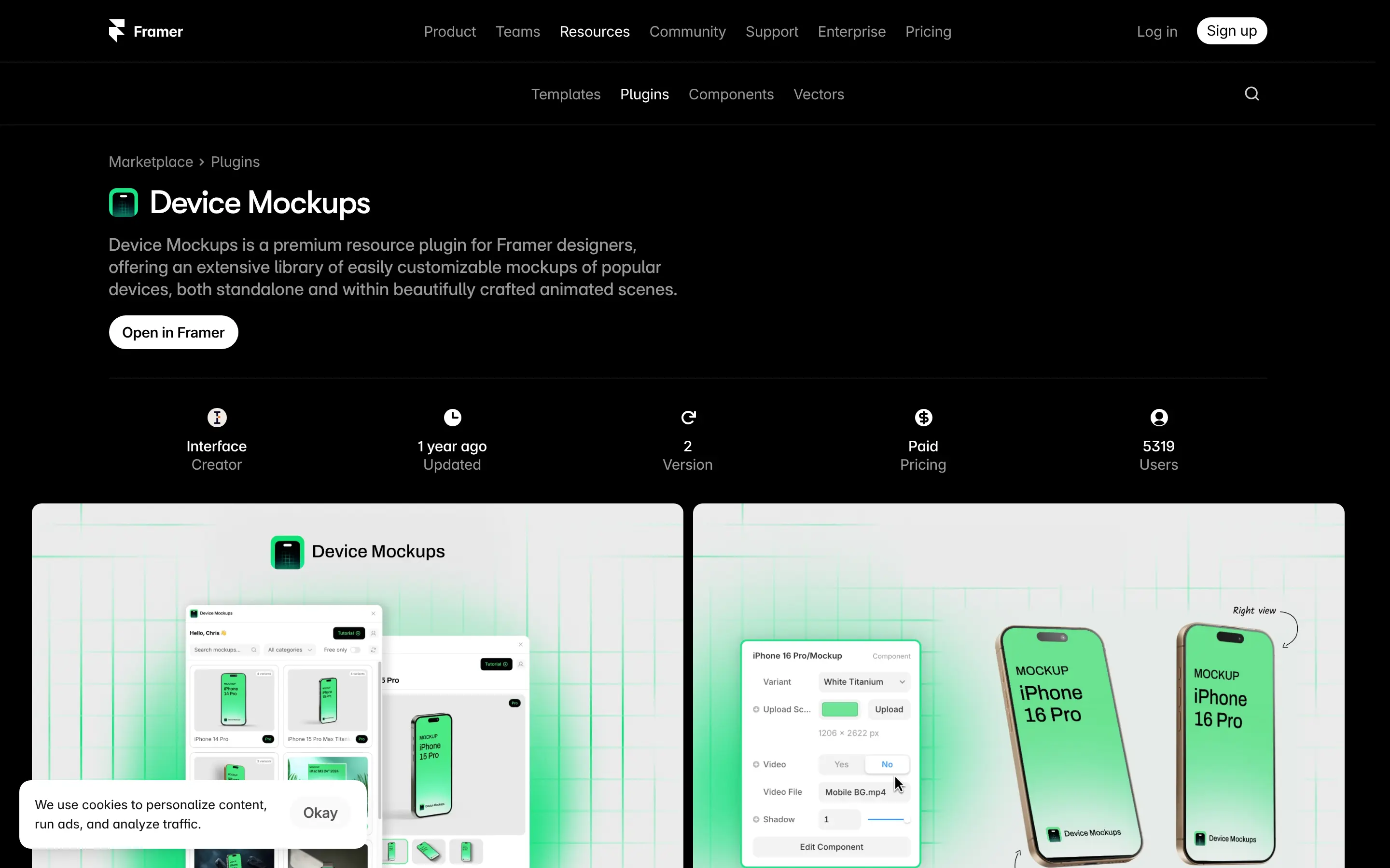 Framer Device Mockups plugin with customization options.