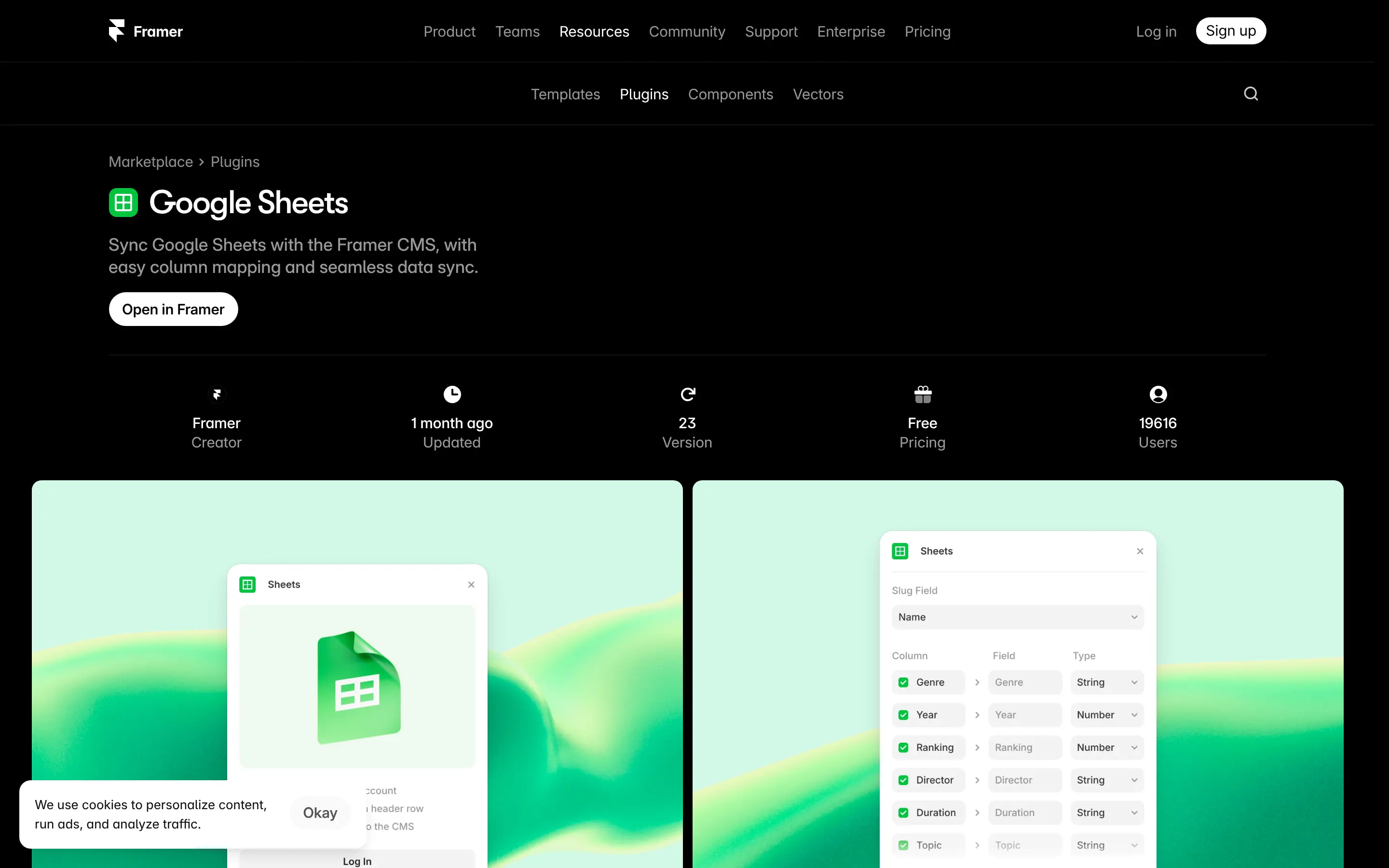 Google Sheets plugin for Framer CMS integration page.