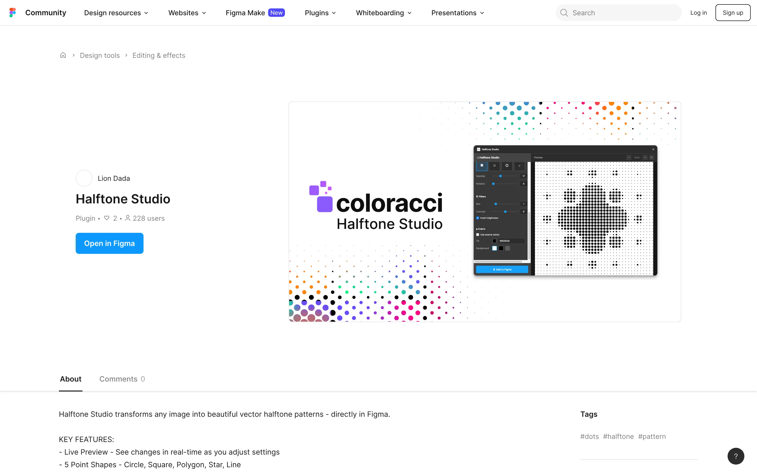 Coloracci Halftone Studio plugin in Figma interface screenshot.