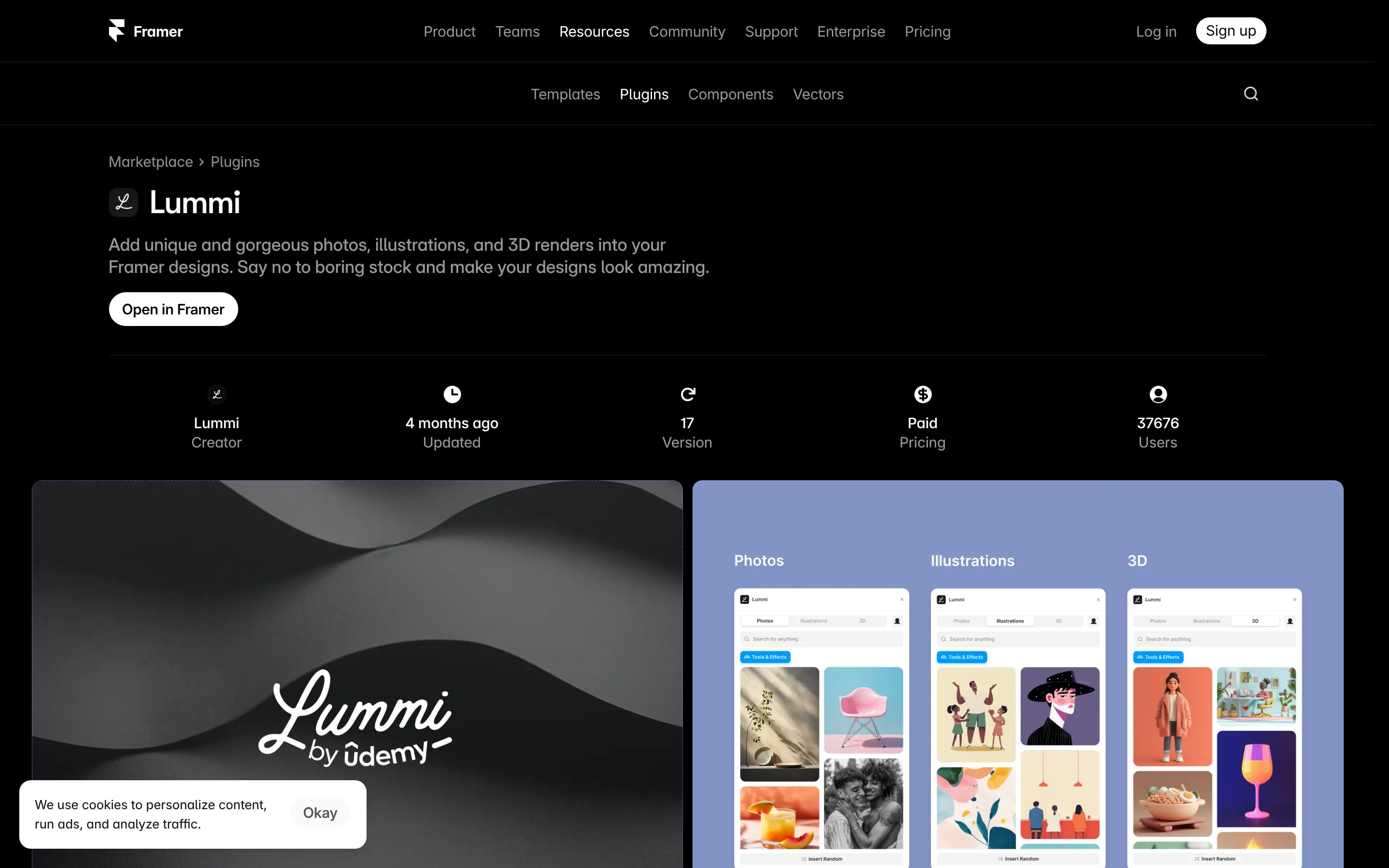 Framer plugin Lummi for photos, illustrations, 3D renders.