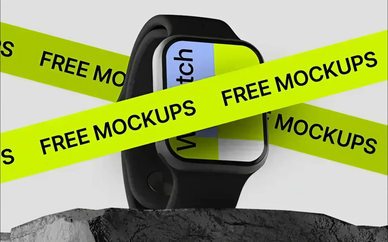 Smartwatch mockup with bright caution tape.