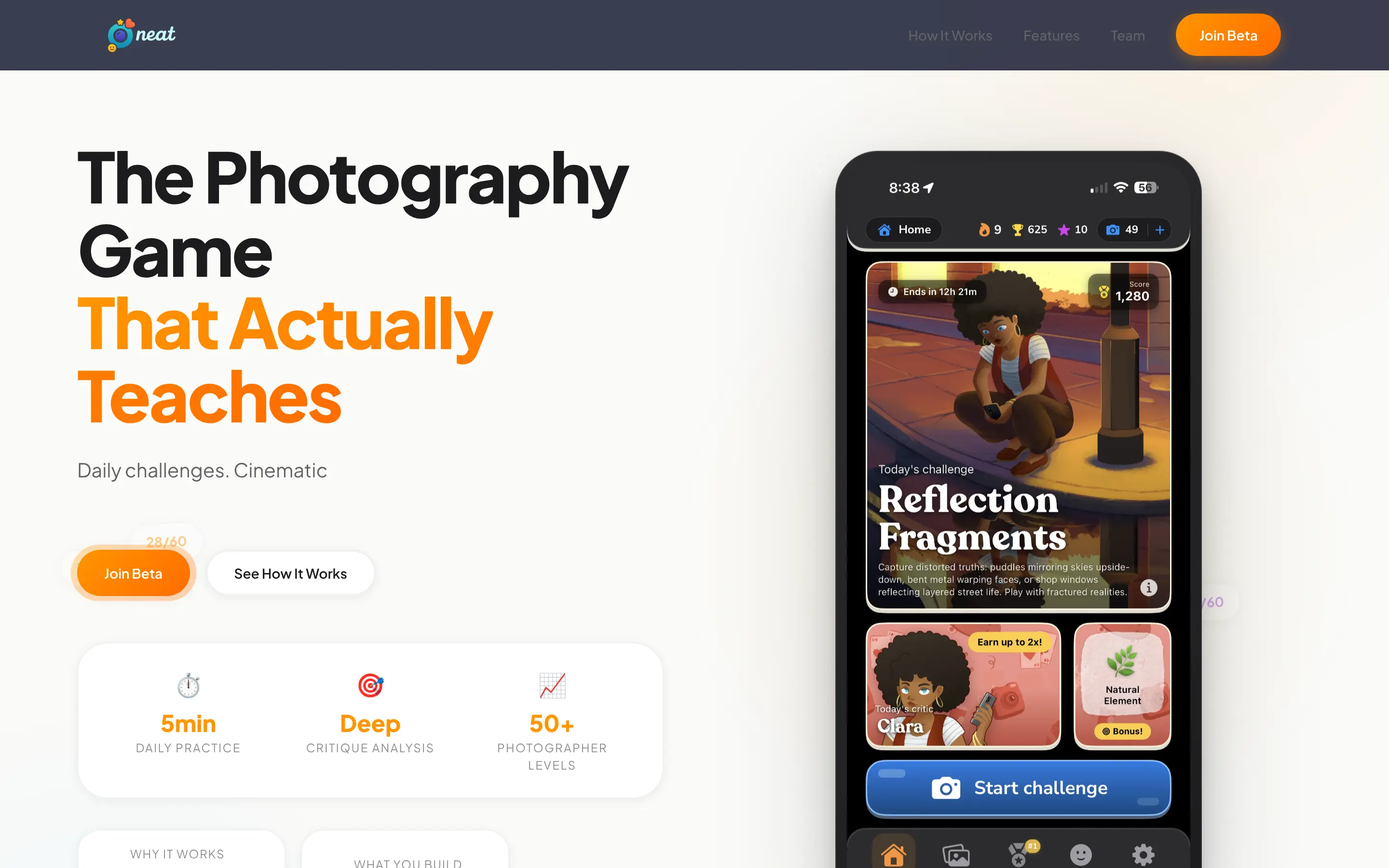 Photography game app interface with daily challenges.