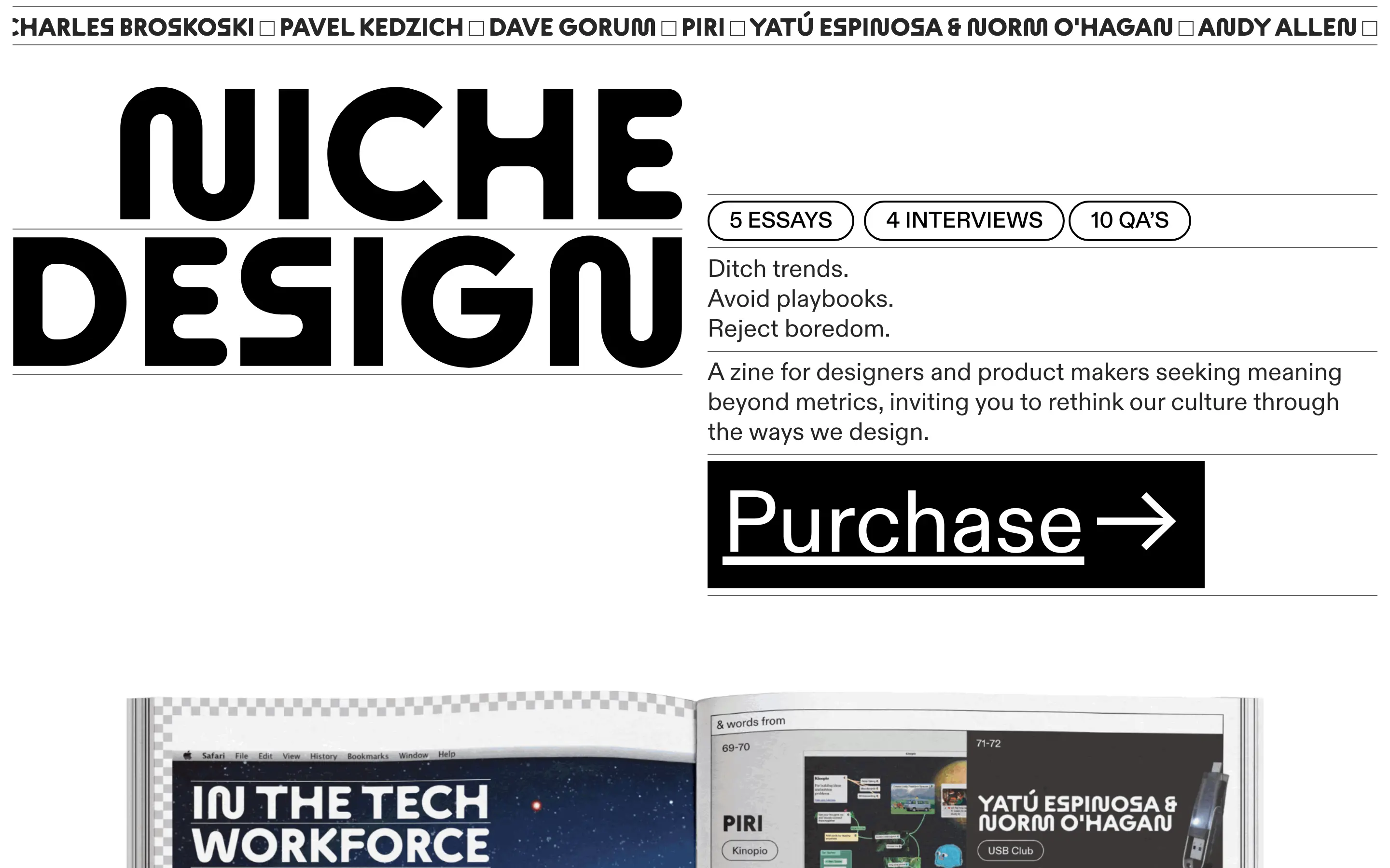 Niche Design zine purchase ad with essays and interviews.