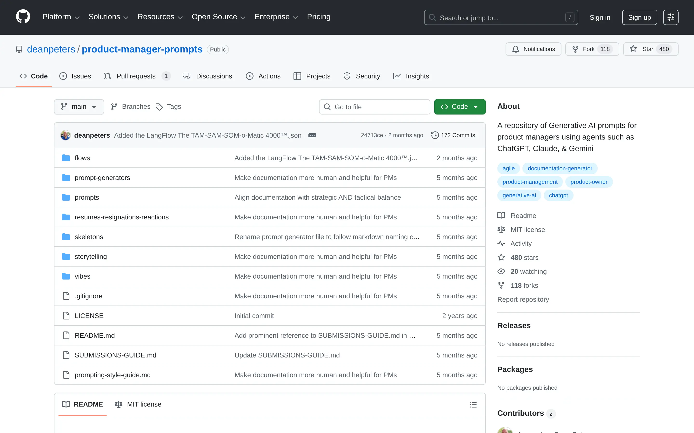 GitHub repository for AI prompts, product management tools.
