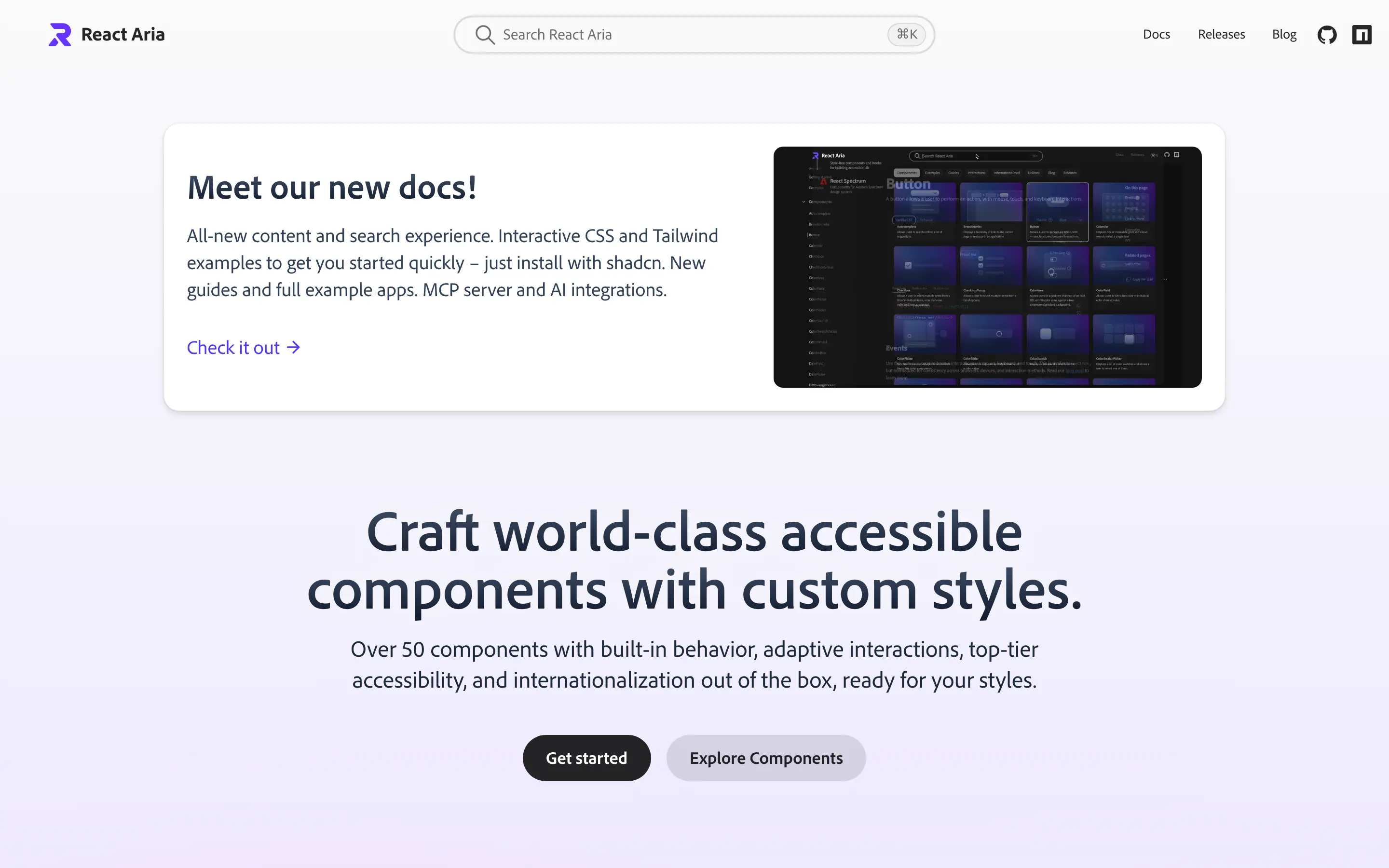 React Aria website showcasing new docs and components.