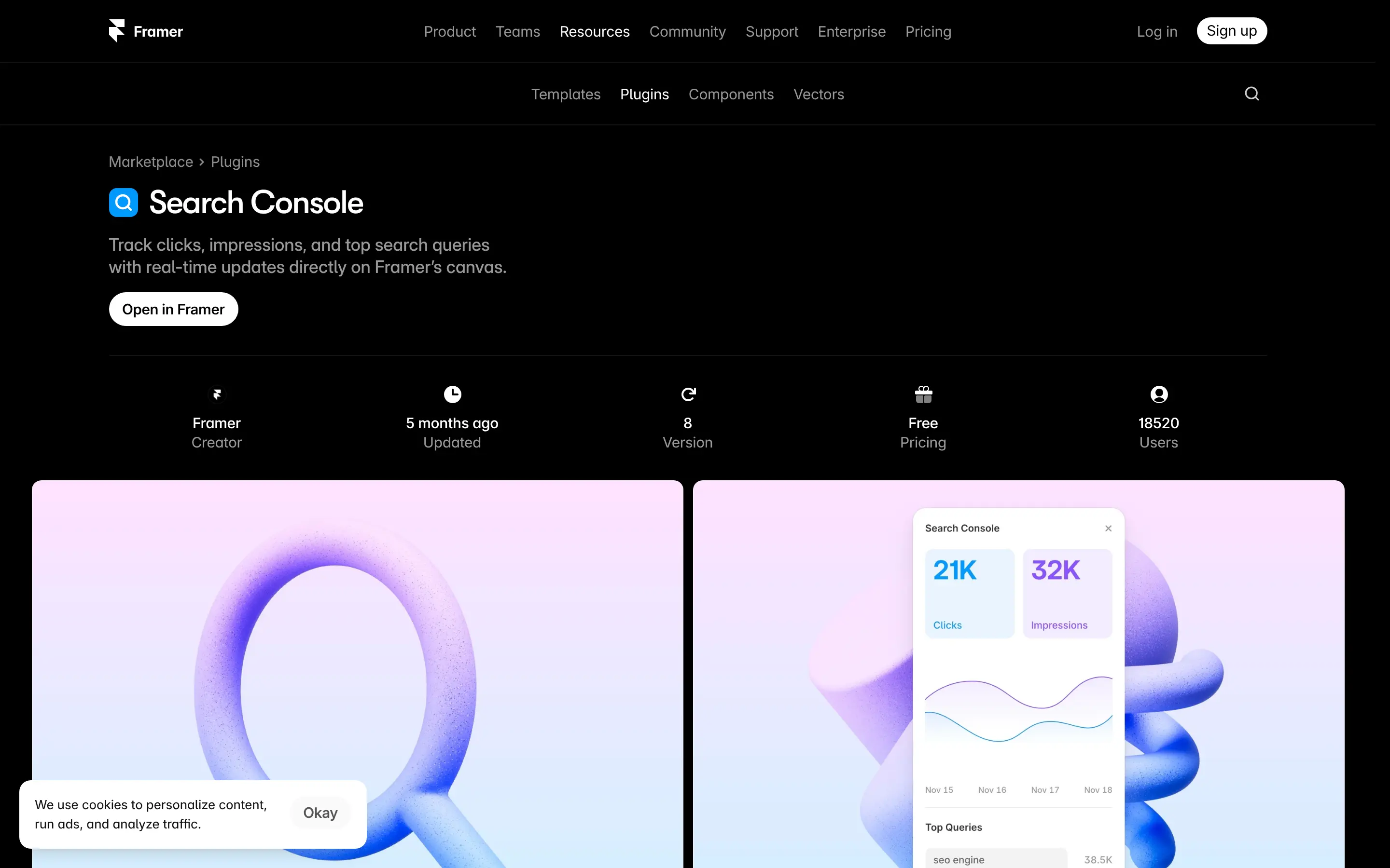Framer Search Console plugin interface overview.