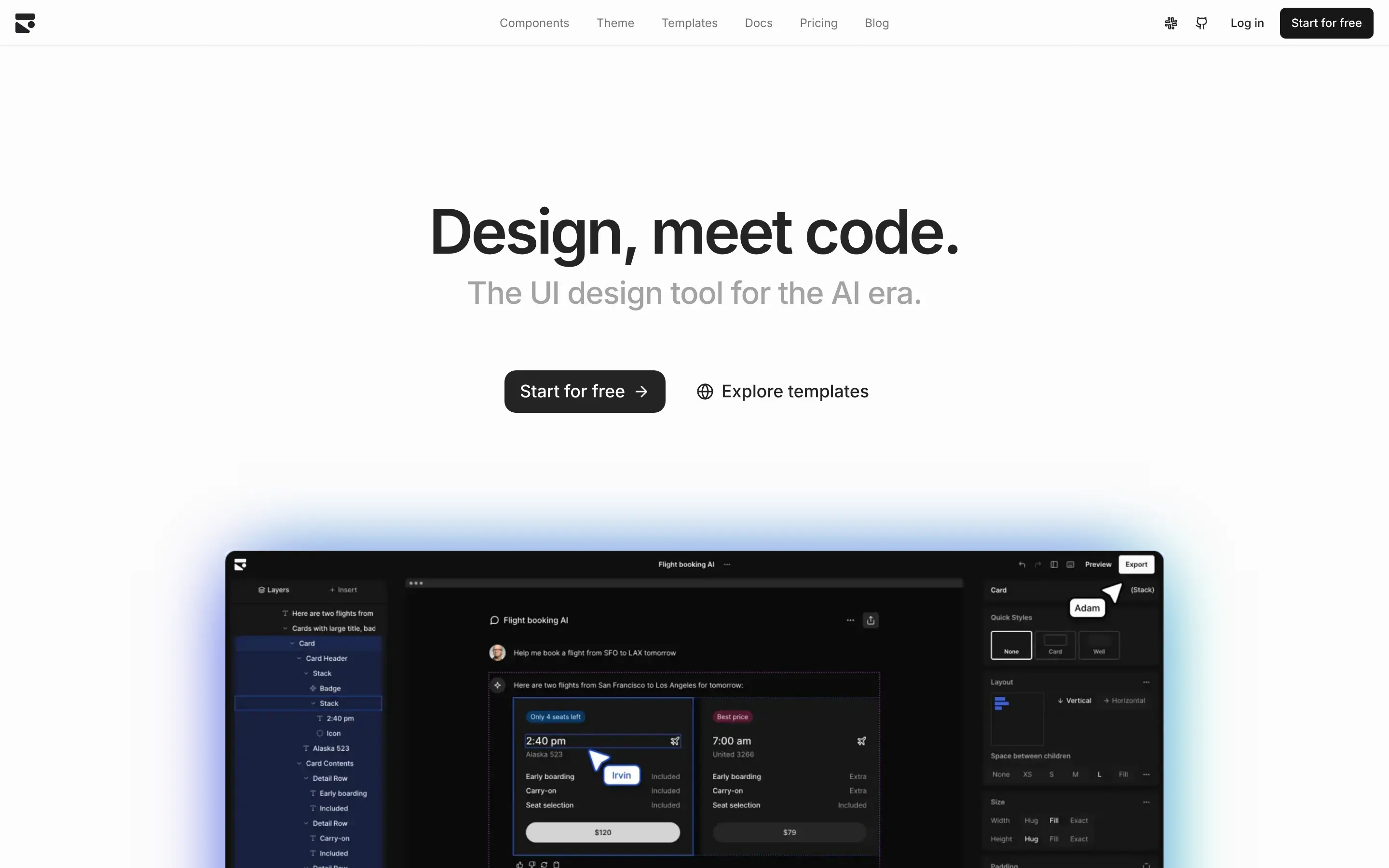 AI UI design tool webpage interface