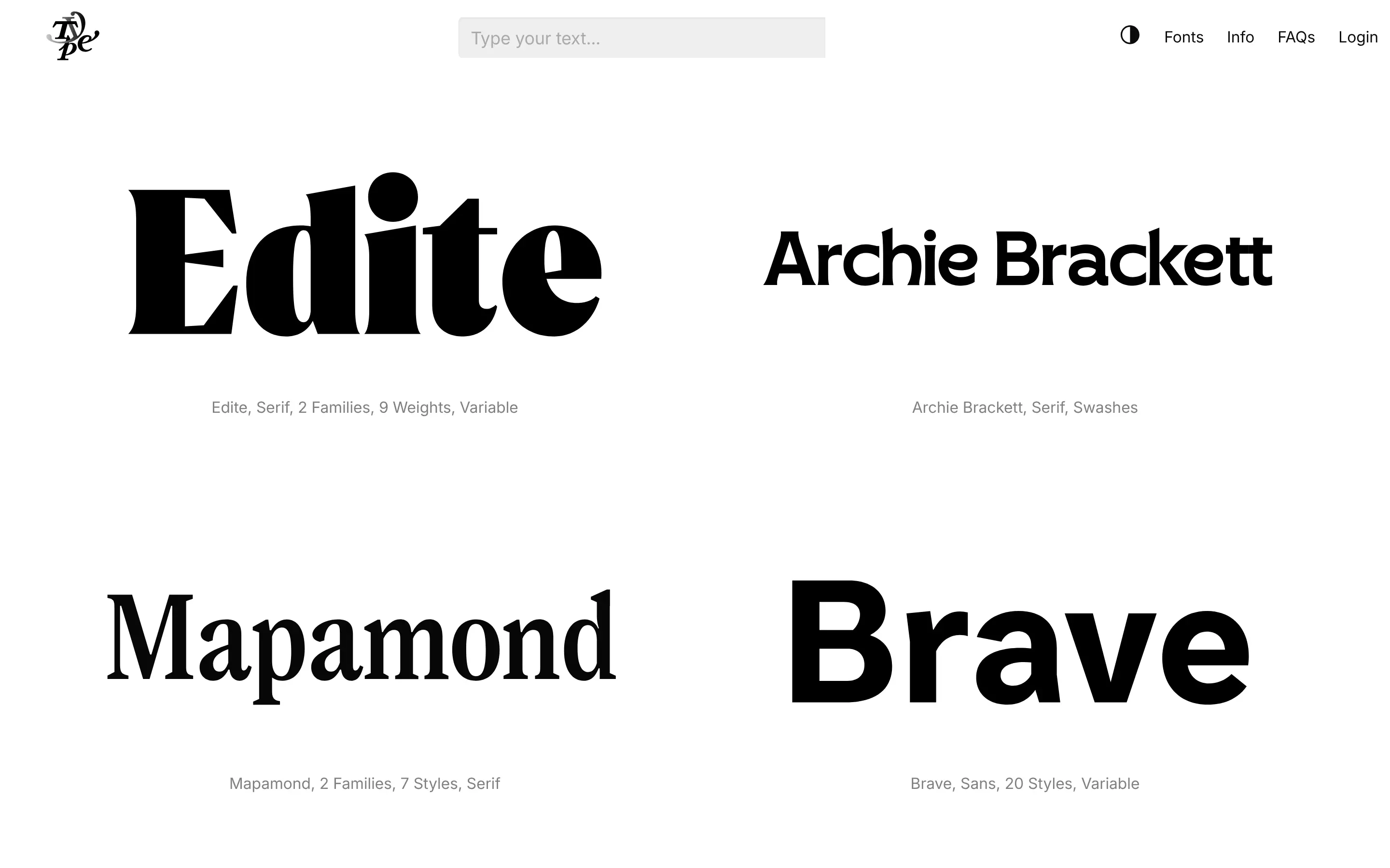 Showcase of Edite, Archie Brackett, Mapamond, Brave fonts.