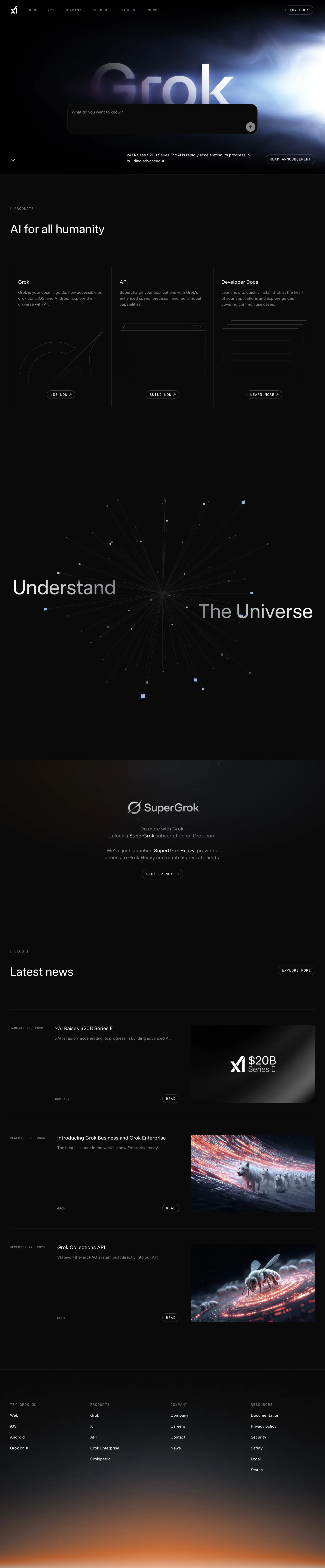 SuperGrok website showcasing AI technology and news updates.